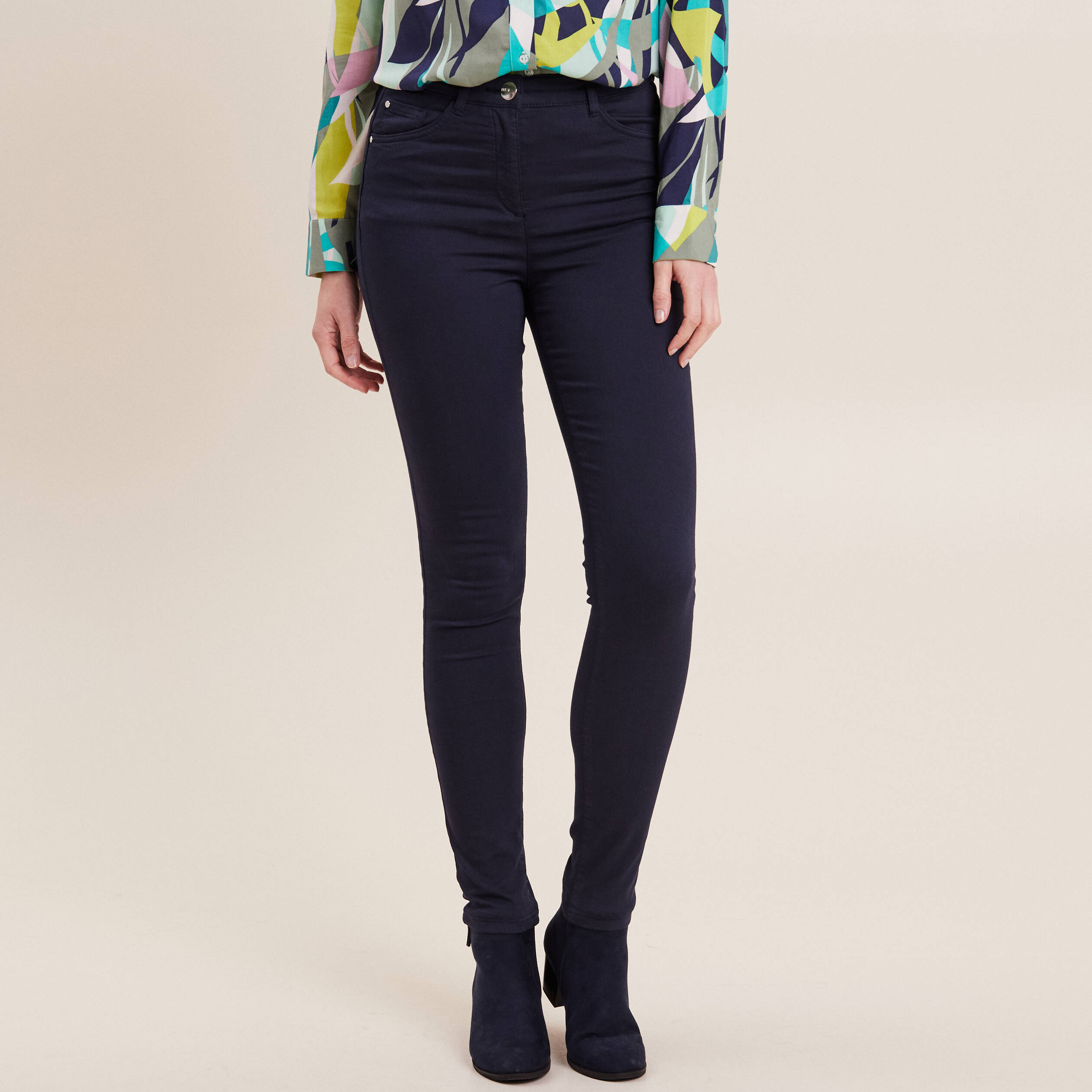Pantalon léger taille haute long bleu marine femme