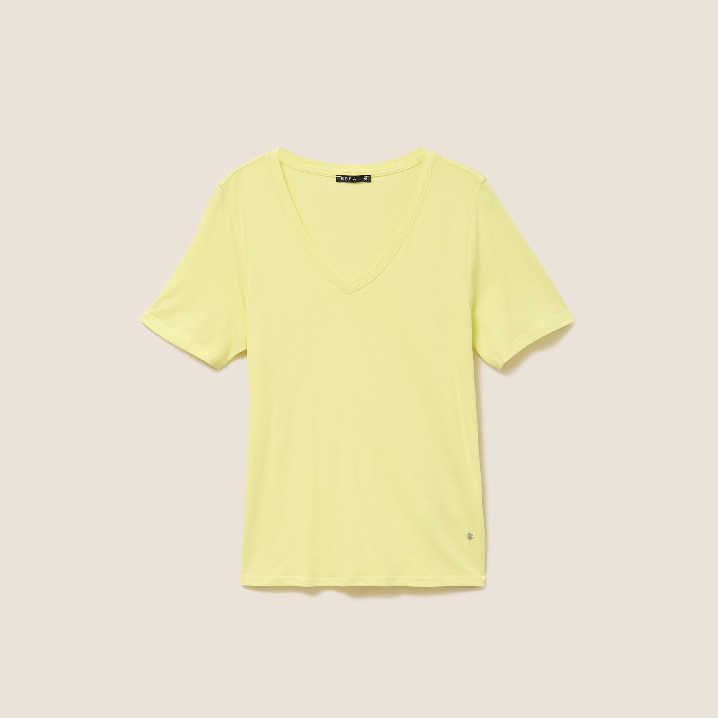 T-shirt col v manches courtes jaune clair femme