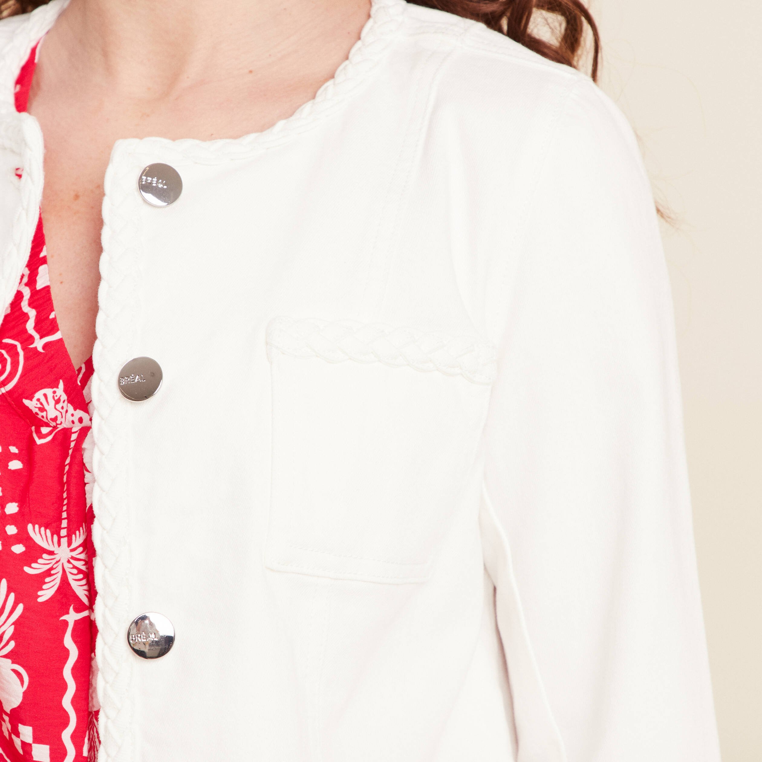 Veste en jean détails tressés blanc femme