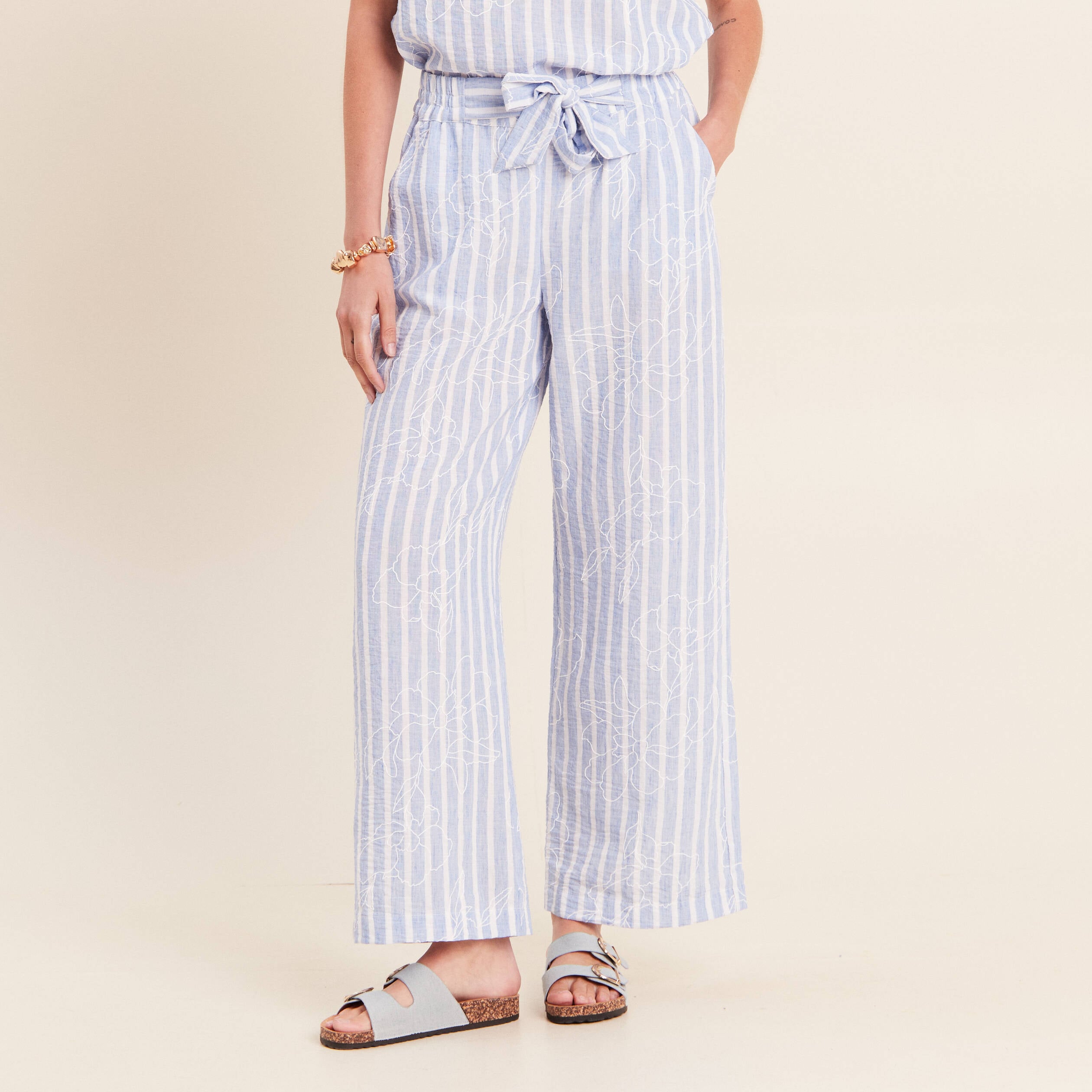 Pantalon large taille haute bleu femme