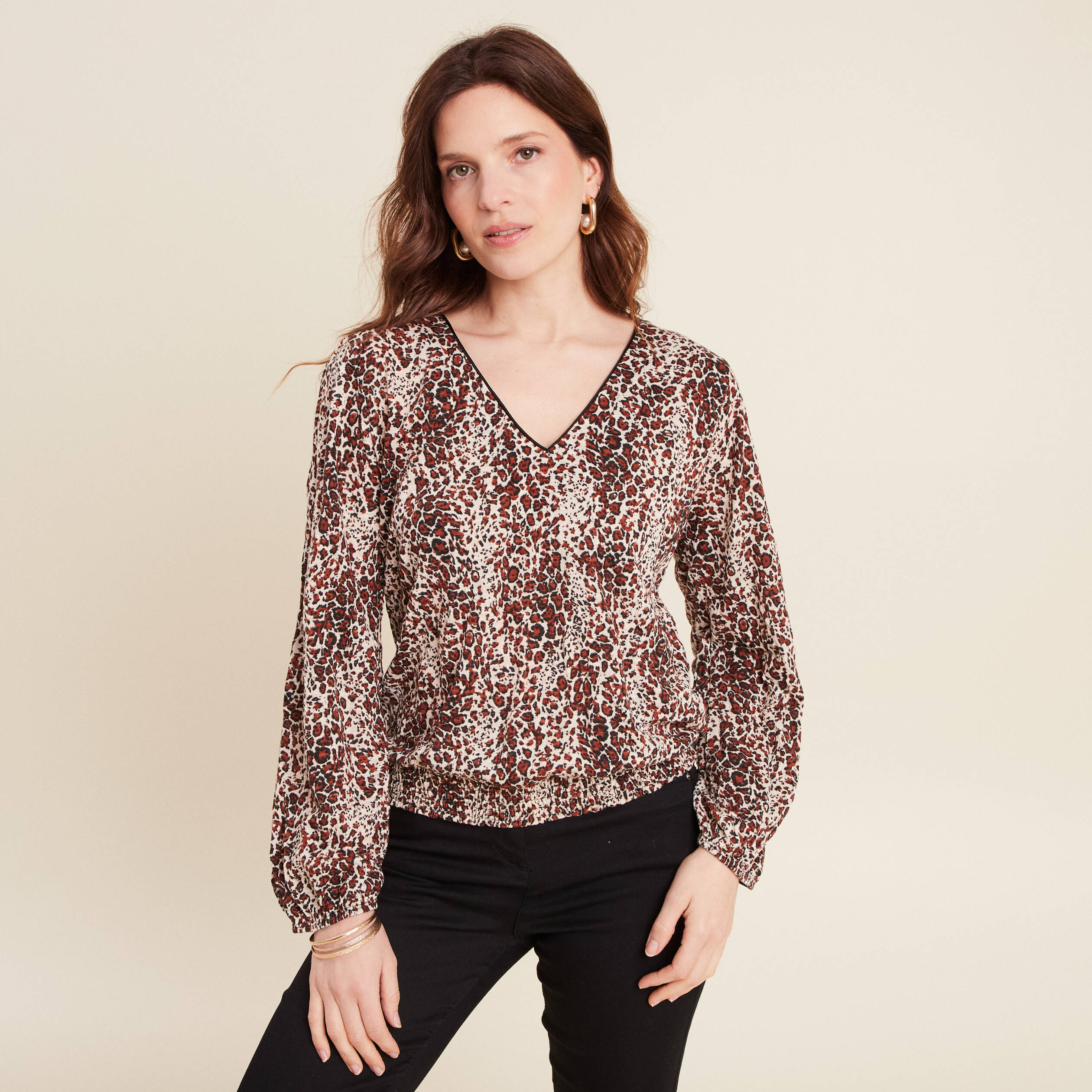 Blouse droite manches longues marron cognac femme