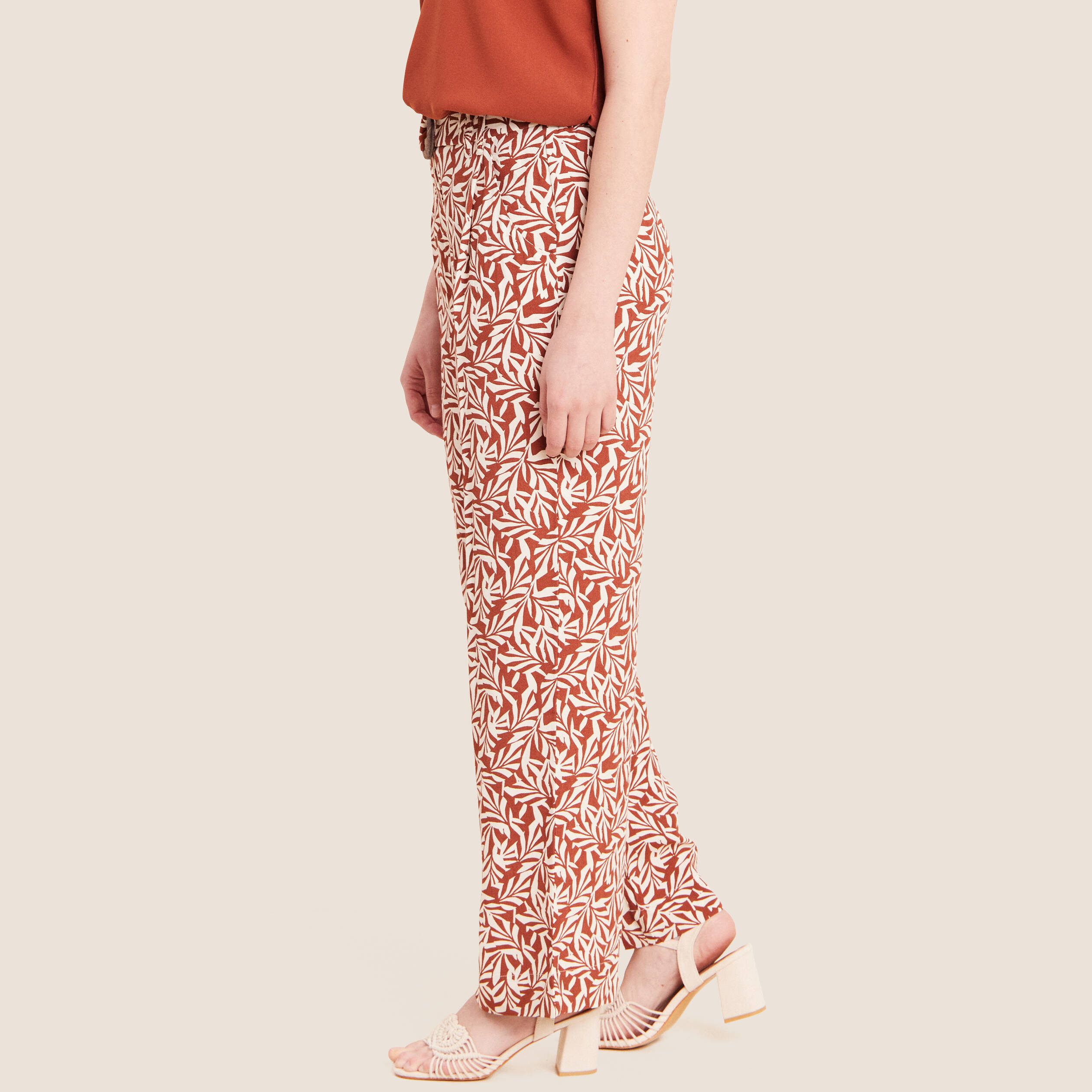 Pantalon large taille haute orange femme