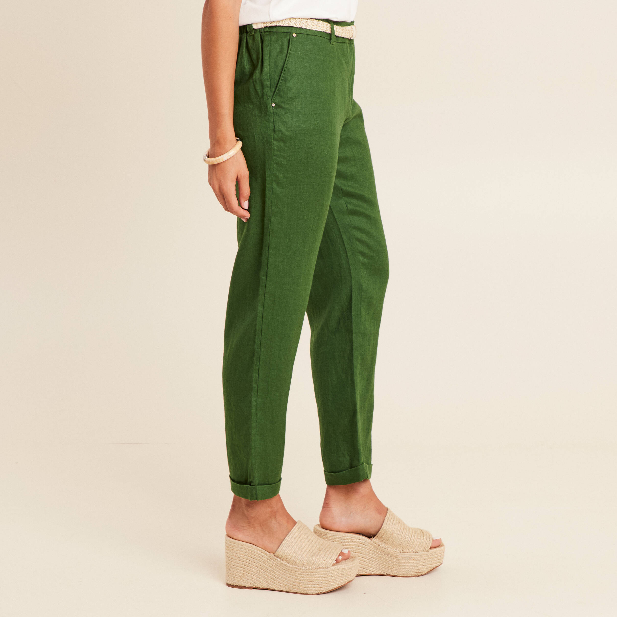 pantalon flou ceinture vert fonce femme Pantalon flou ceinturé vert foncé femme