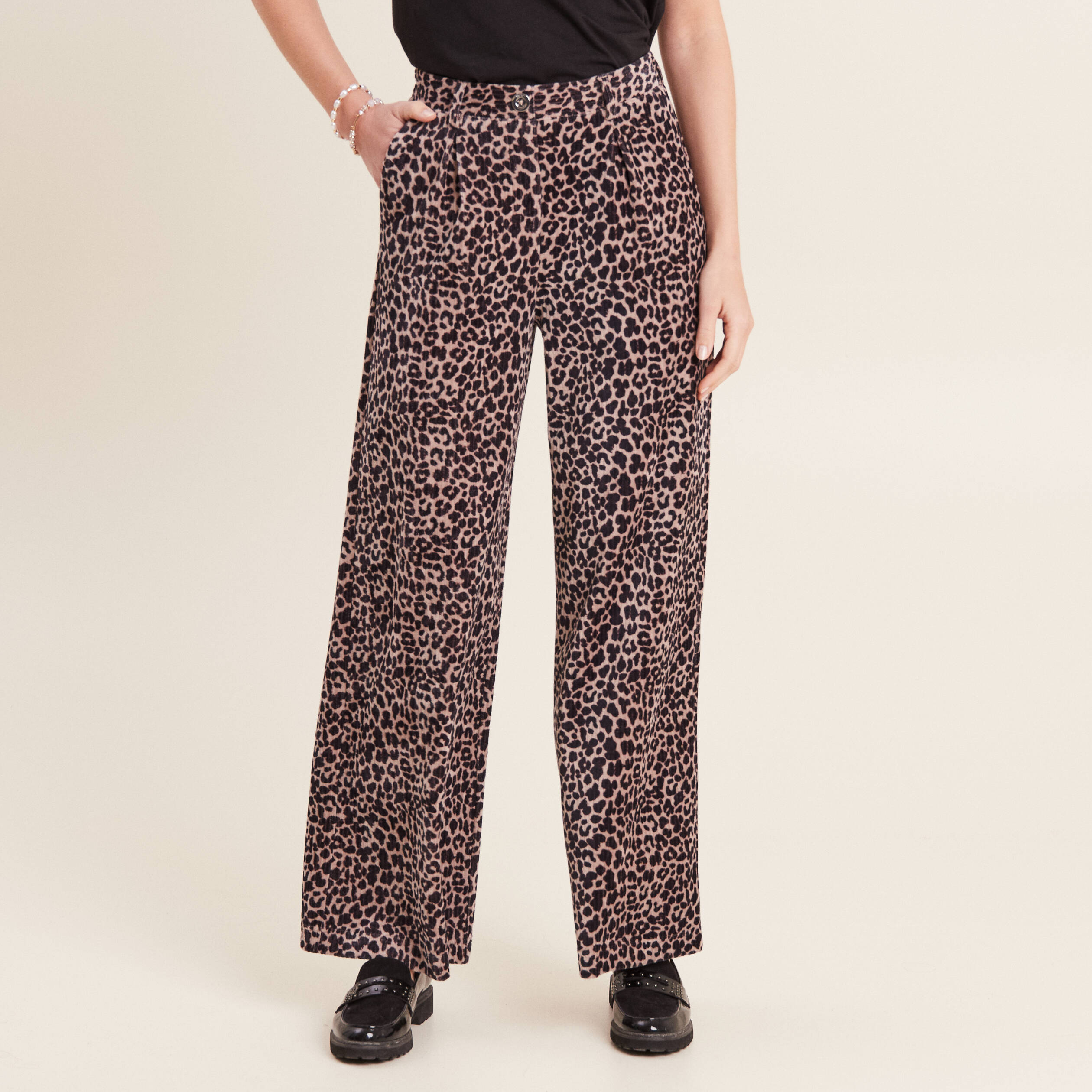 Pantalon large velours beige femme