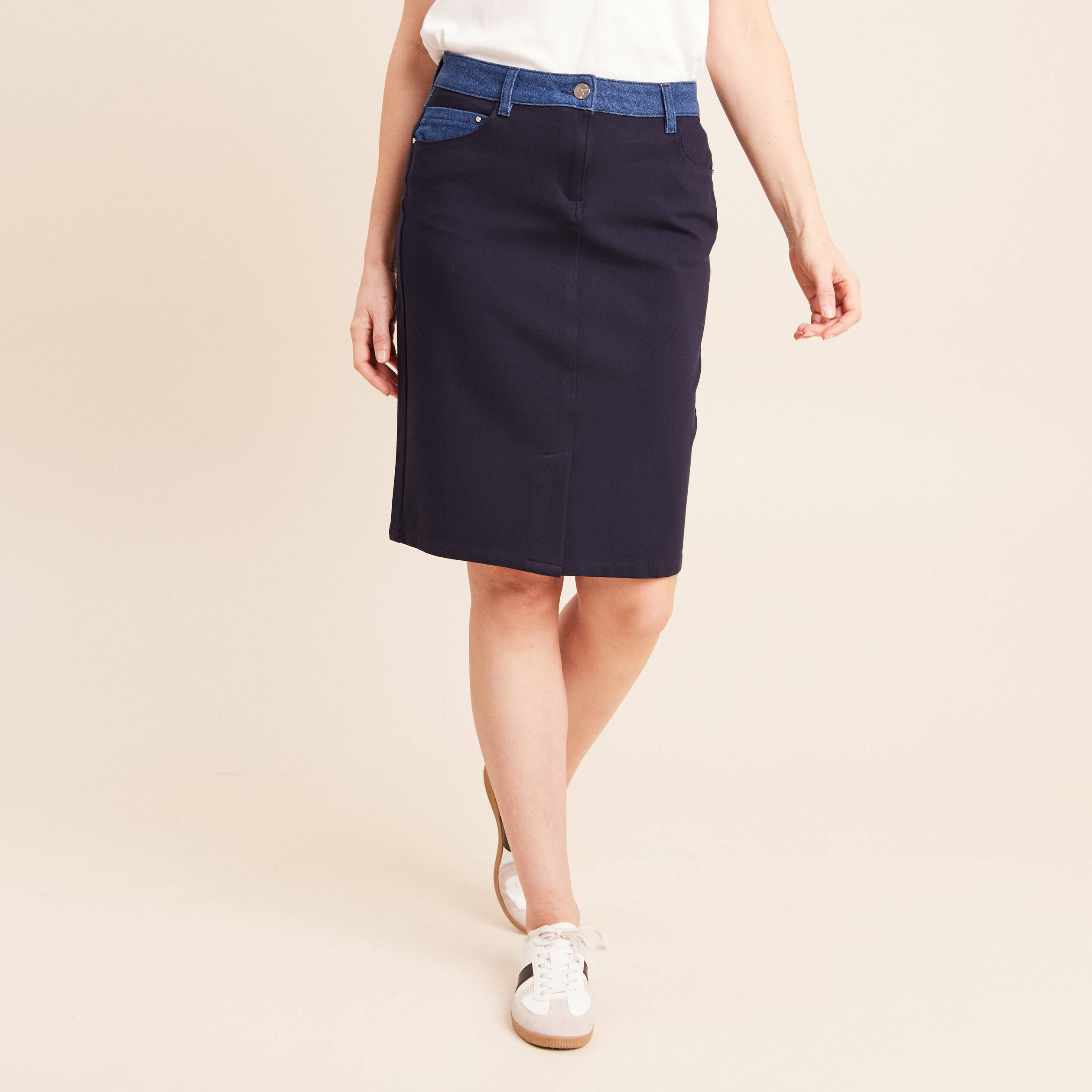 Jupe droite bi-mati&egrave;re bleu fonc&eacute; femme