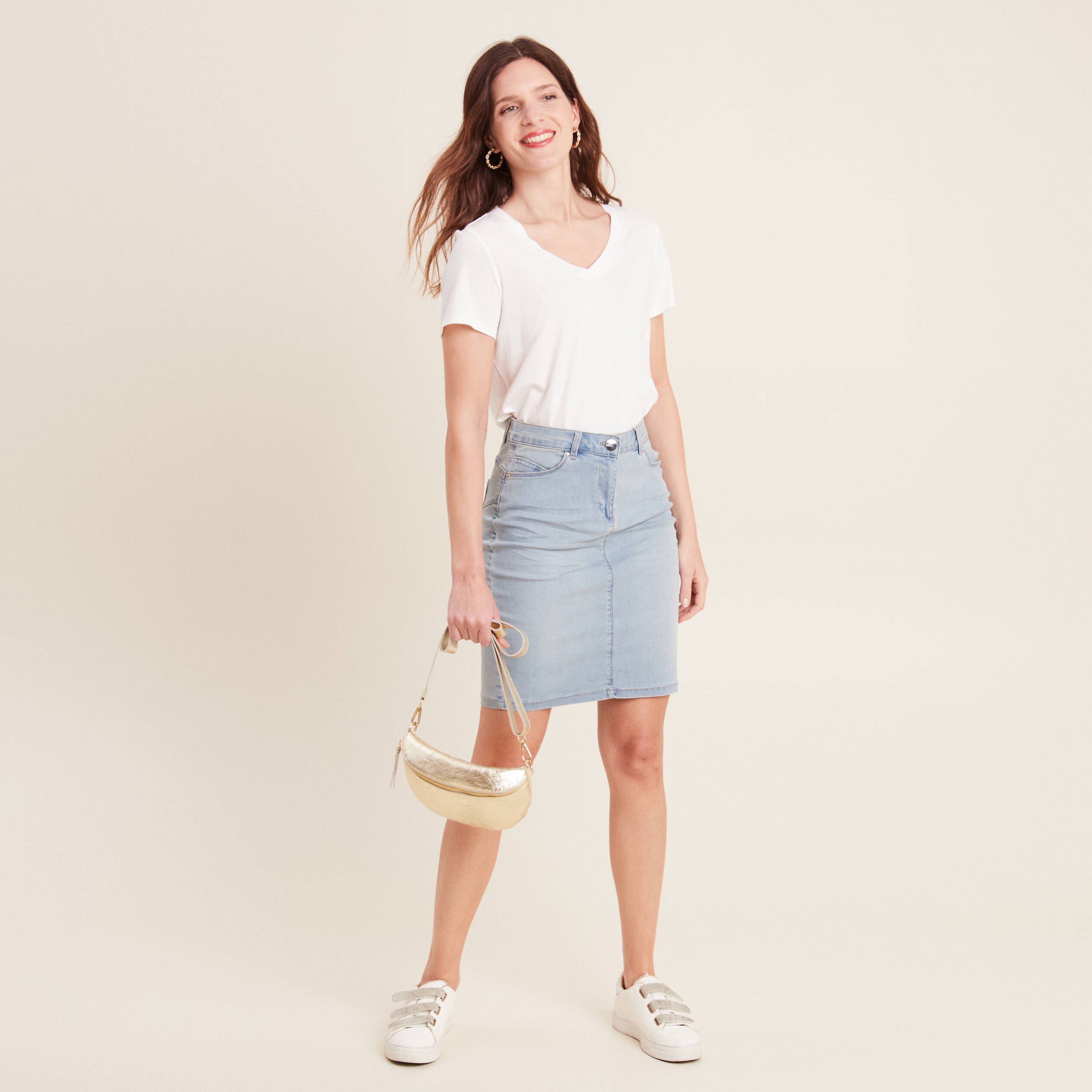 Jupe droite denim double stone femme