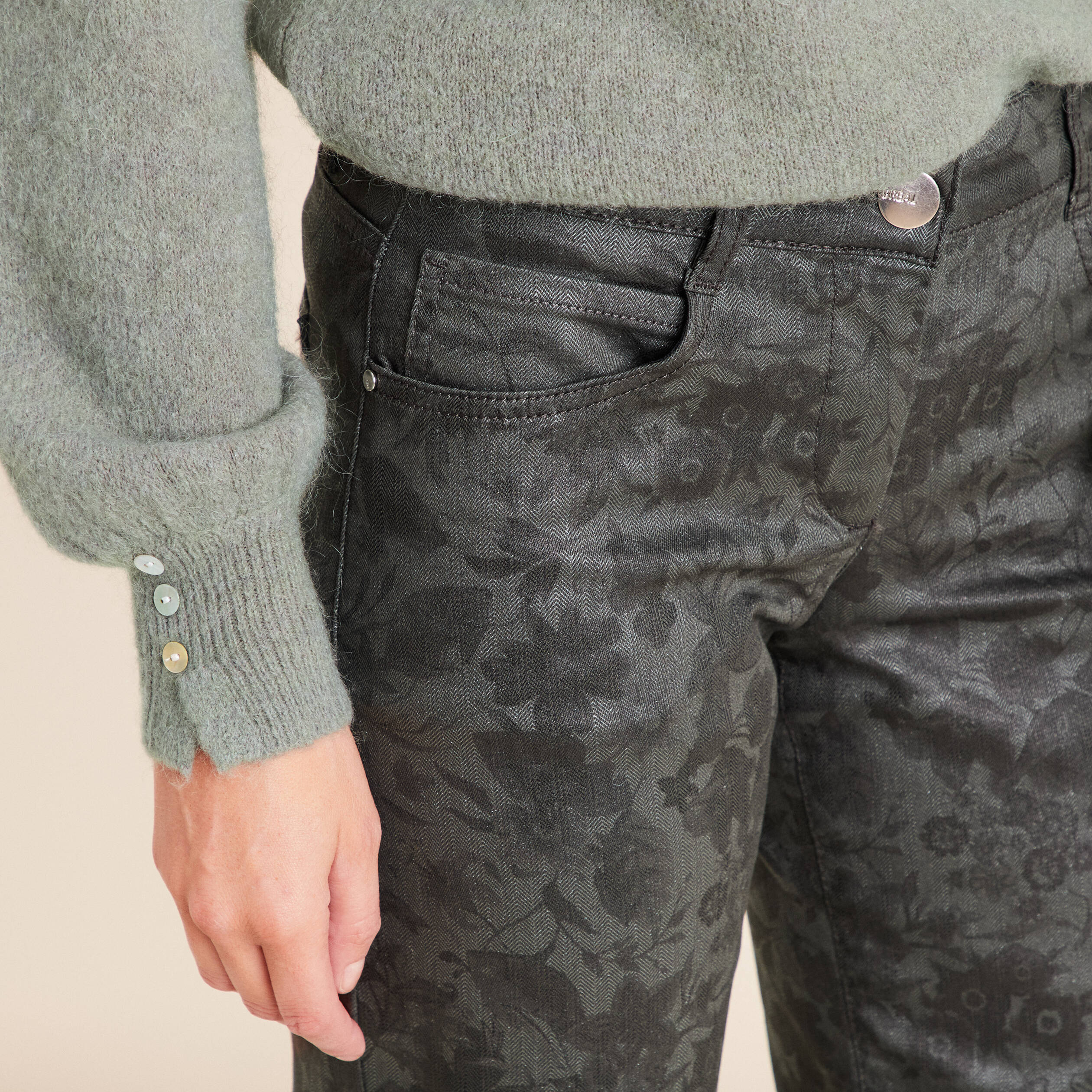Pantalon taille bascul&eacute;e vert femme
