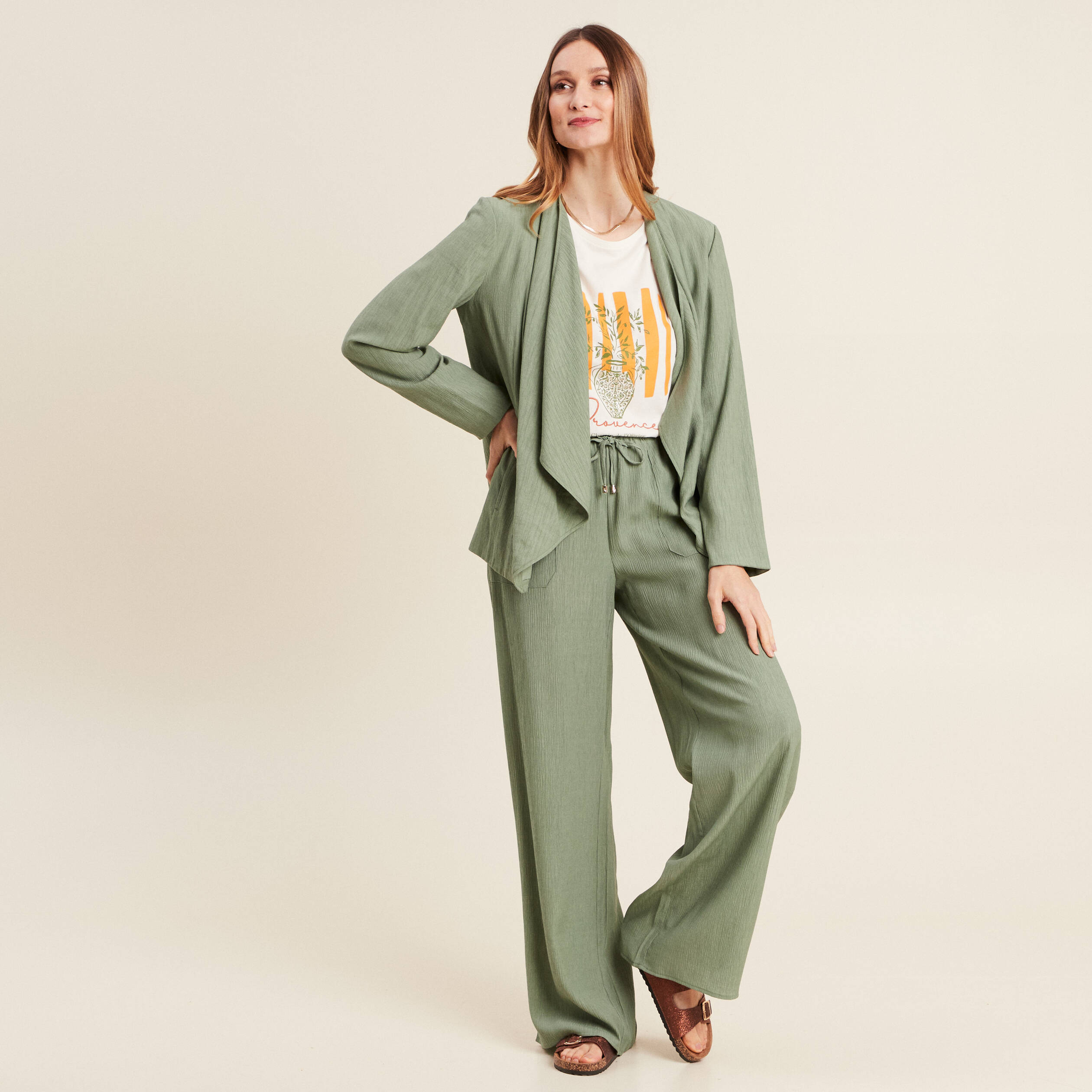 Veste fluide col cascade vert kaki femme