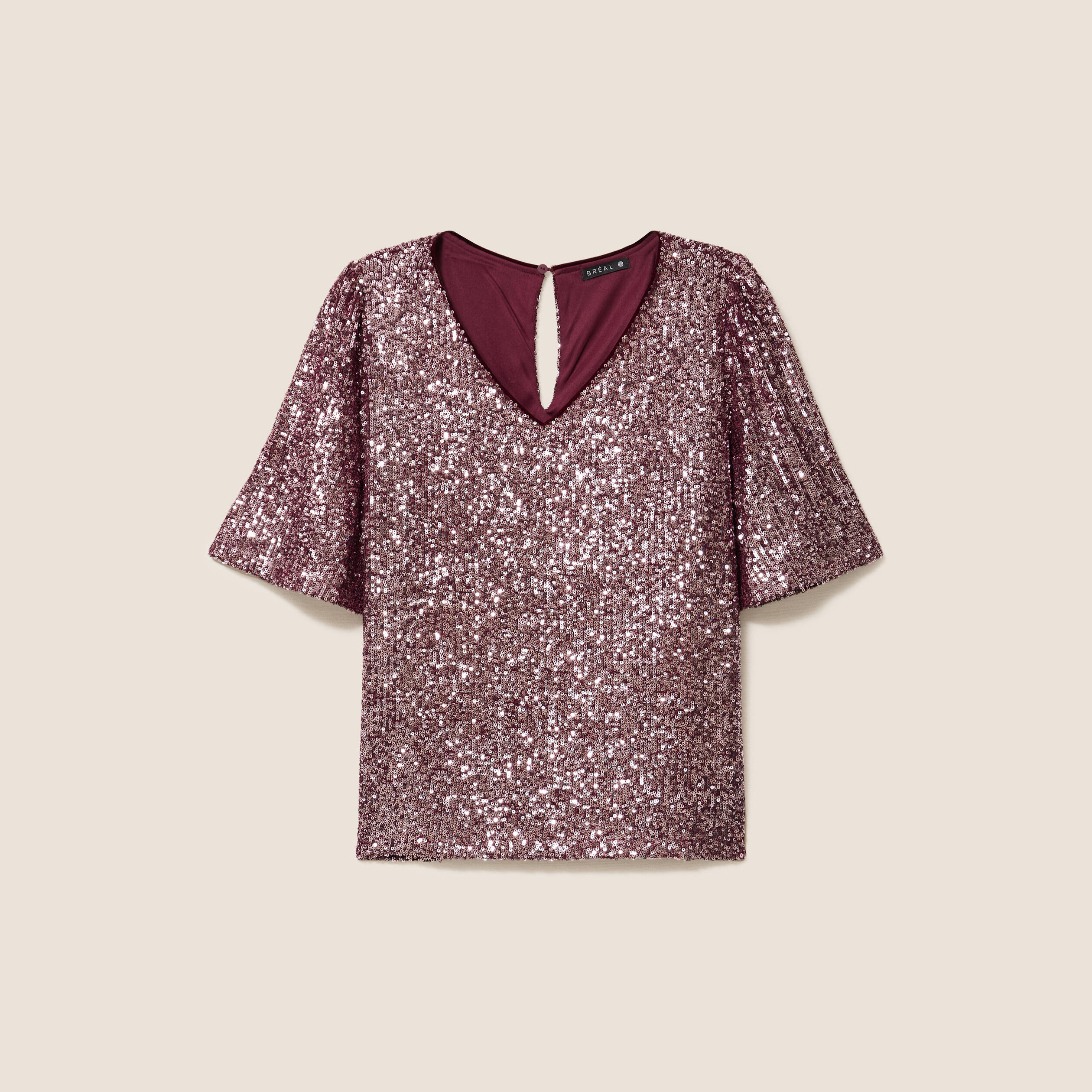 T-shirt &agrave; sequins manches coudes bordeaux femme
