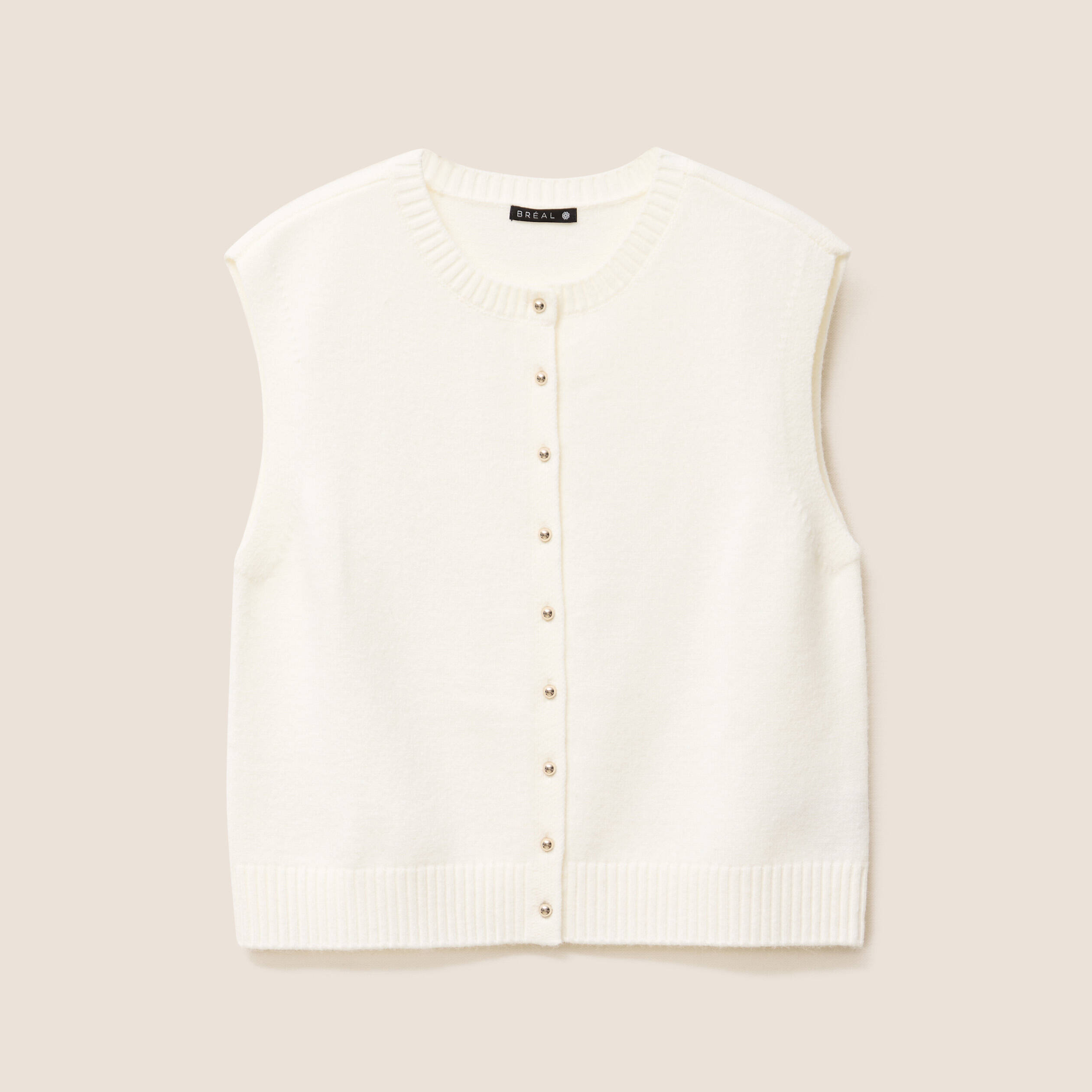 gilet droit court sans manches col rond ecru femme