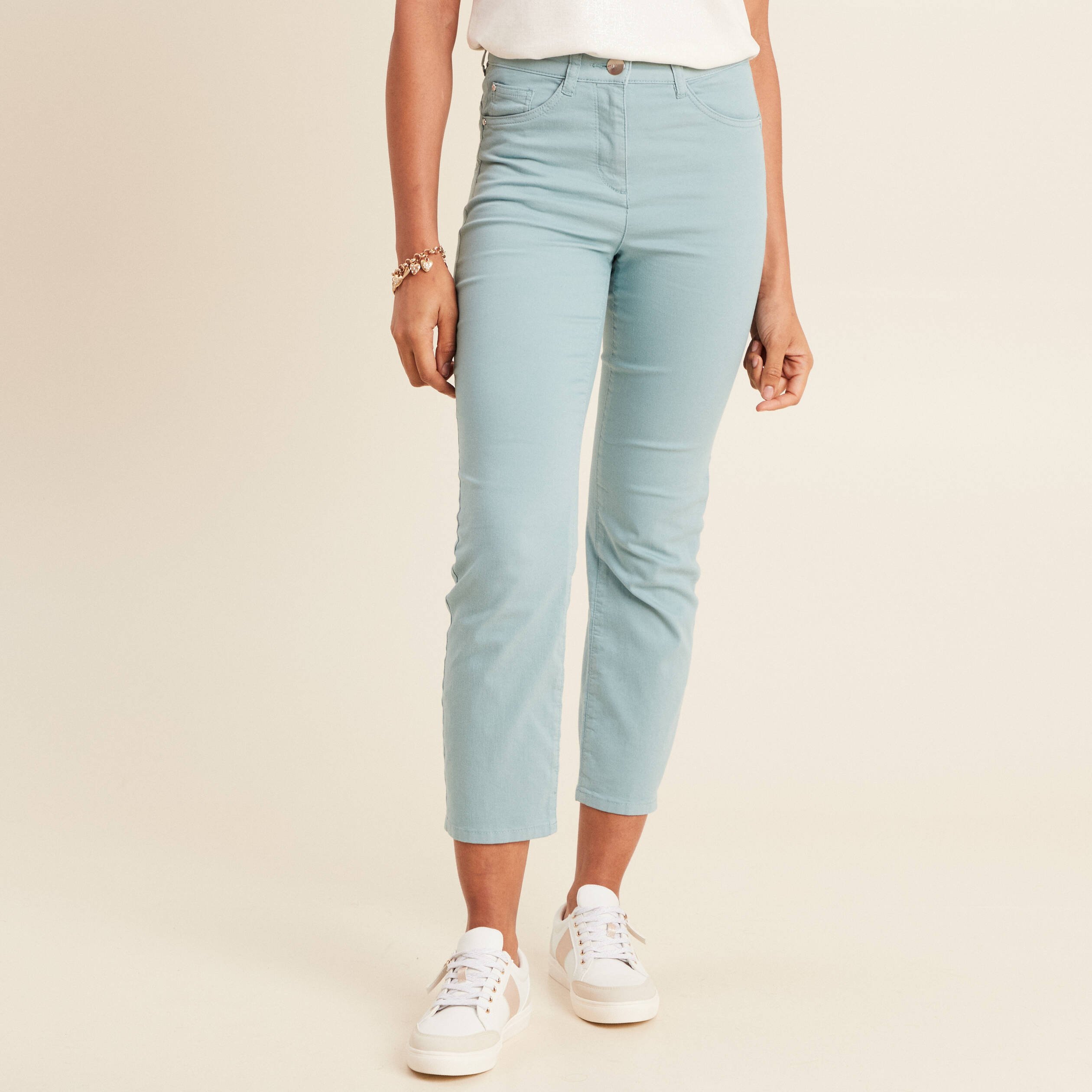 Pantalon droit taille haute 7/8ème bleu canard femme