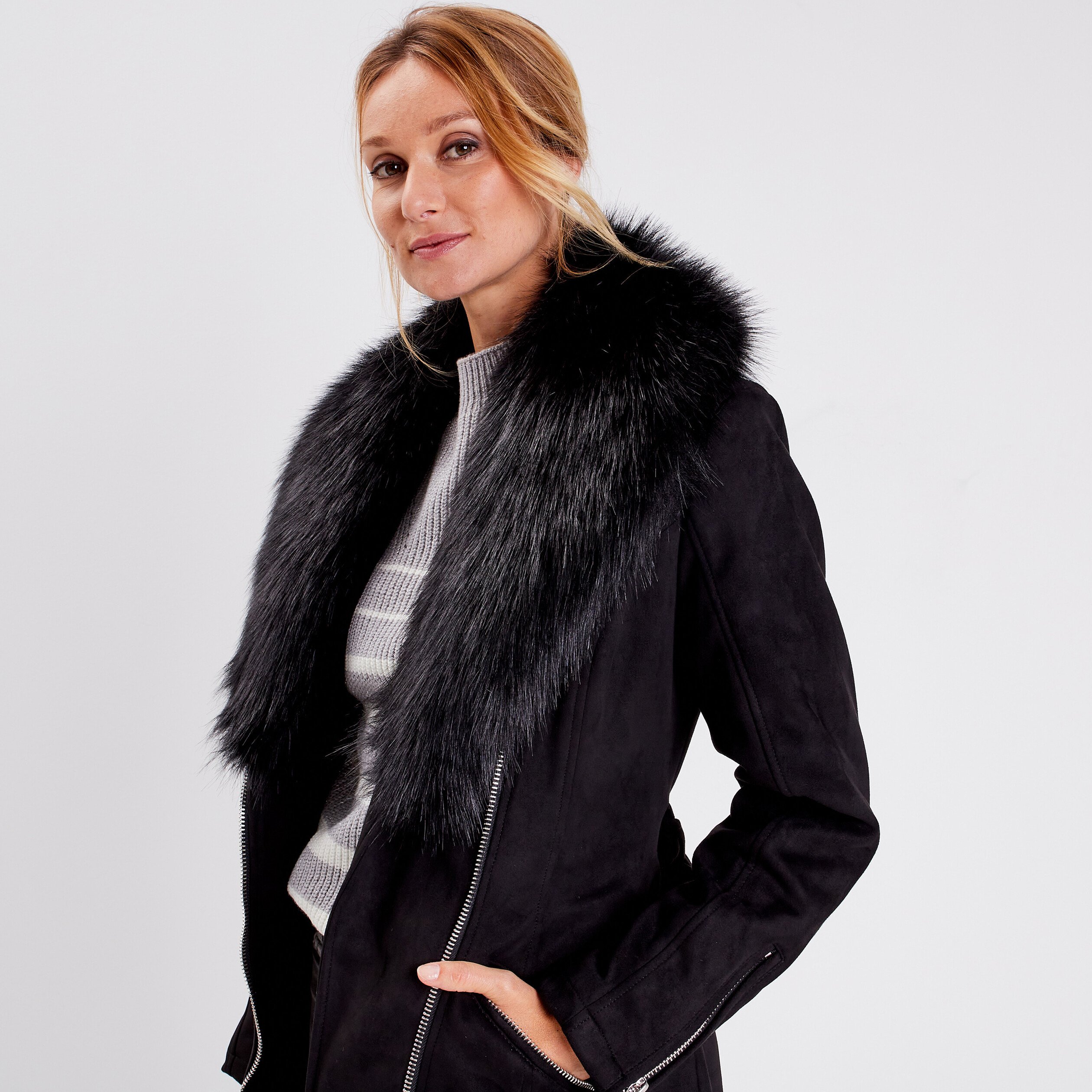 Manteau col fourrure noir femme