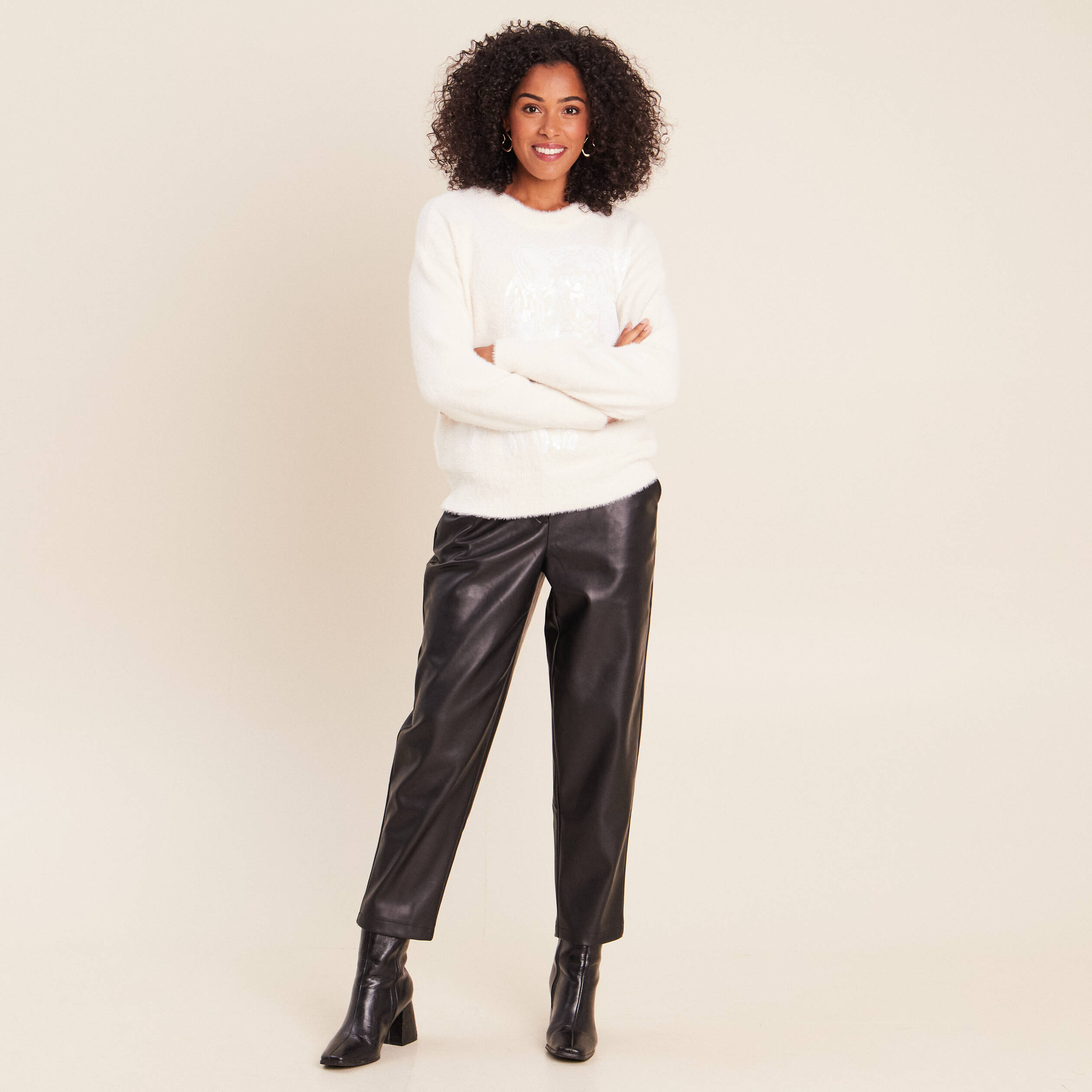 Pull col rond ecru femme