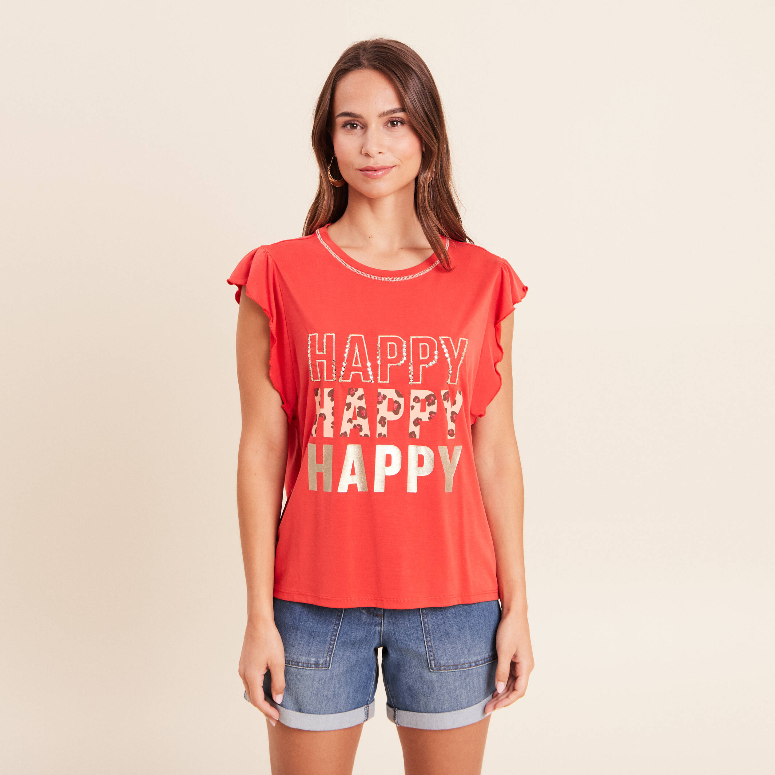 T-shirt manches courtes &agrave; volants orange fonc&eacute; femme