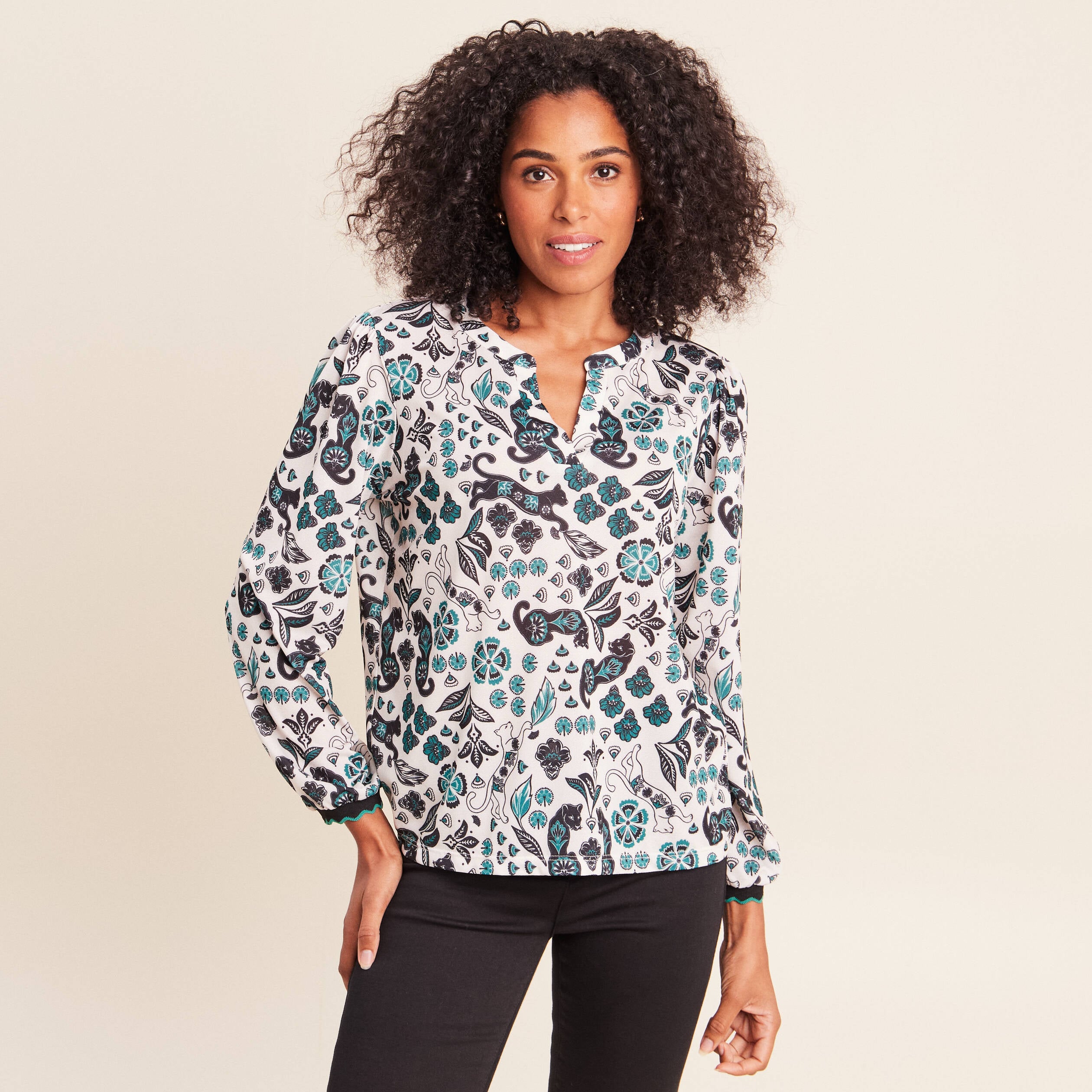 Blouse col tunisien manches longues blanc femme