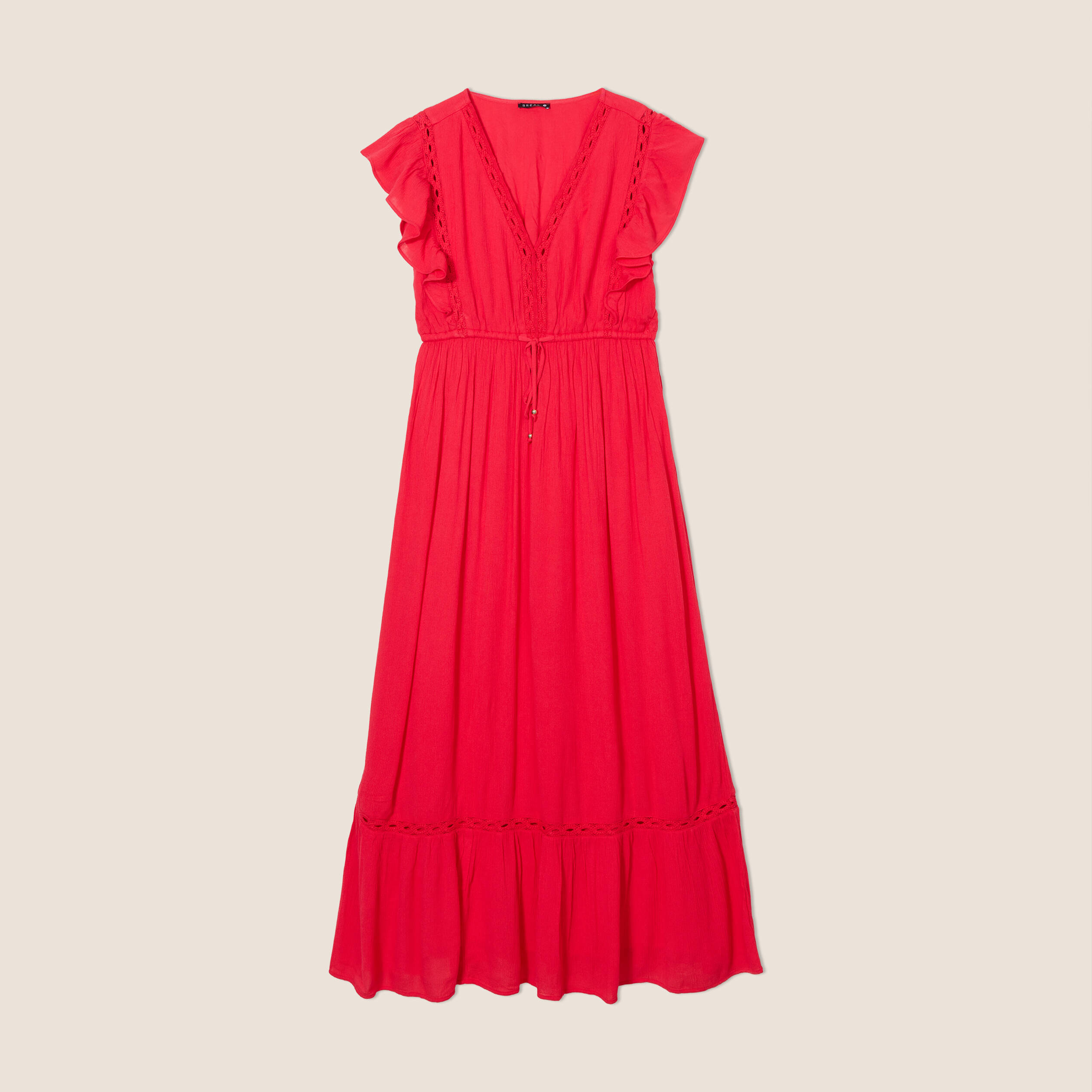 Robe longue évasée à volants rouge femme