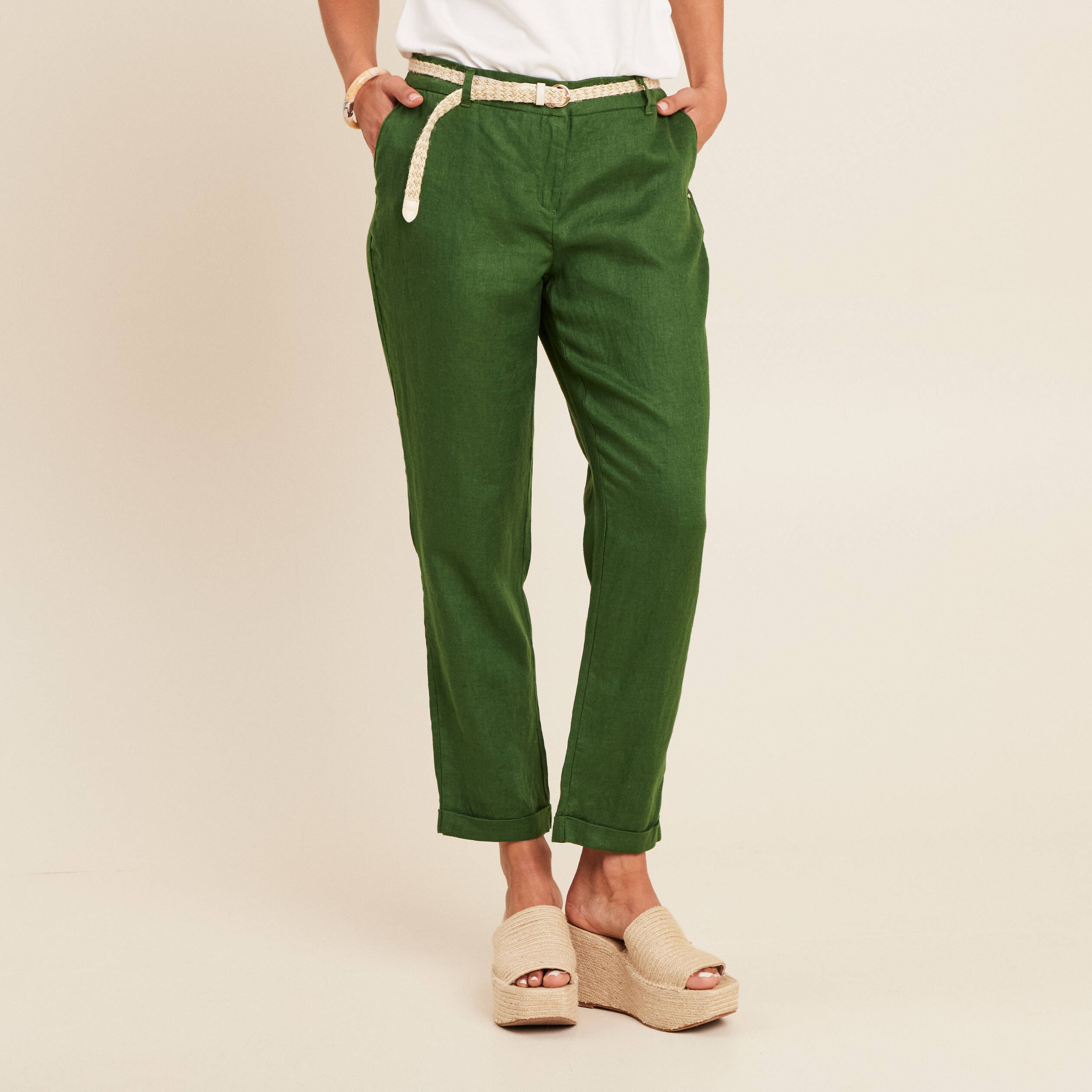 pantalon flou ceinture vert fonce femme Pantalon flou ceinturé vert foncé femme