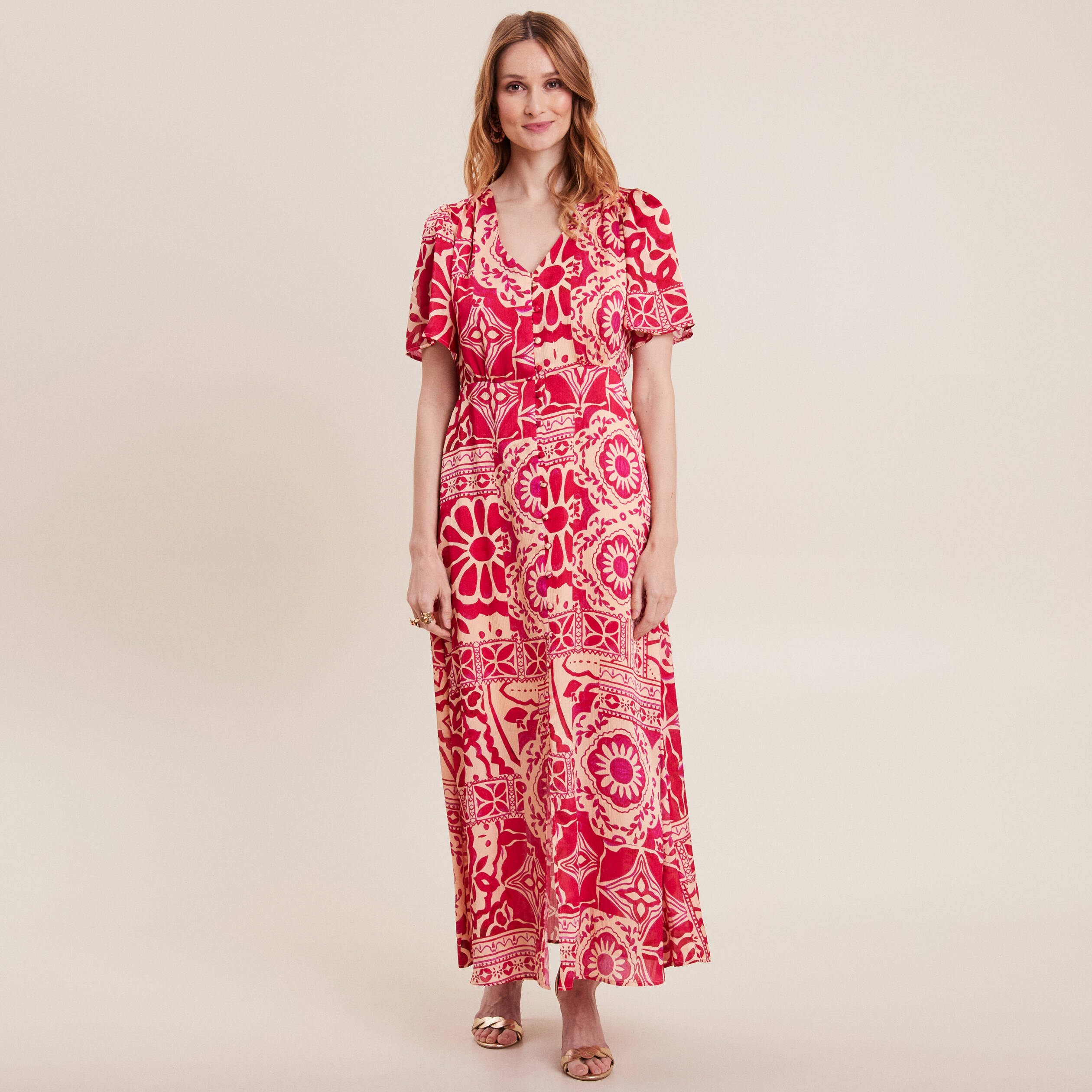 Robe longue évasée satin rose fushia femme