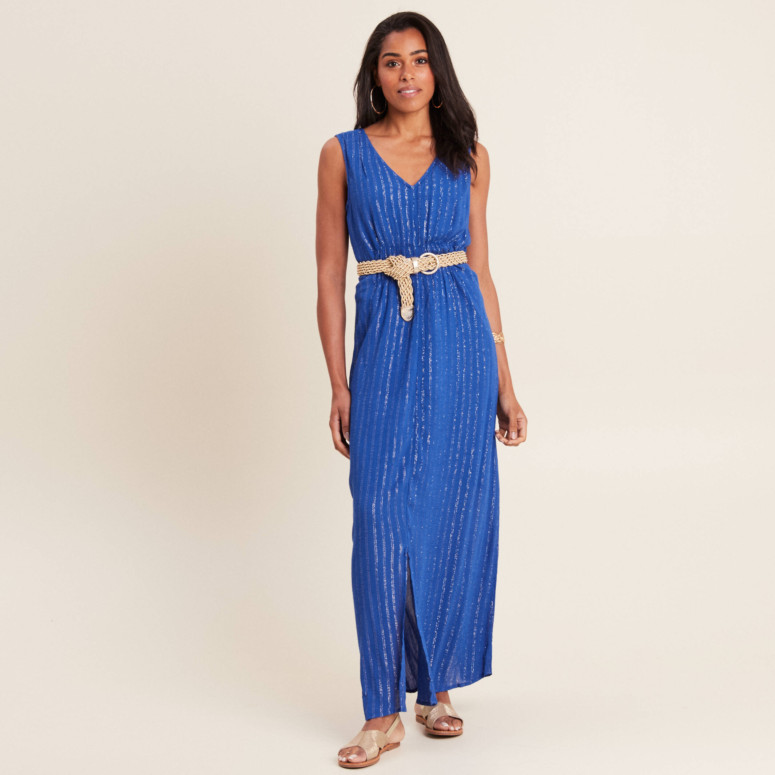 Robe longue évasée bleu electrique femme