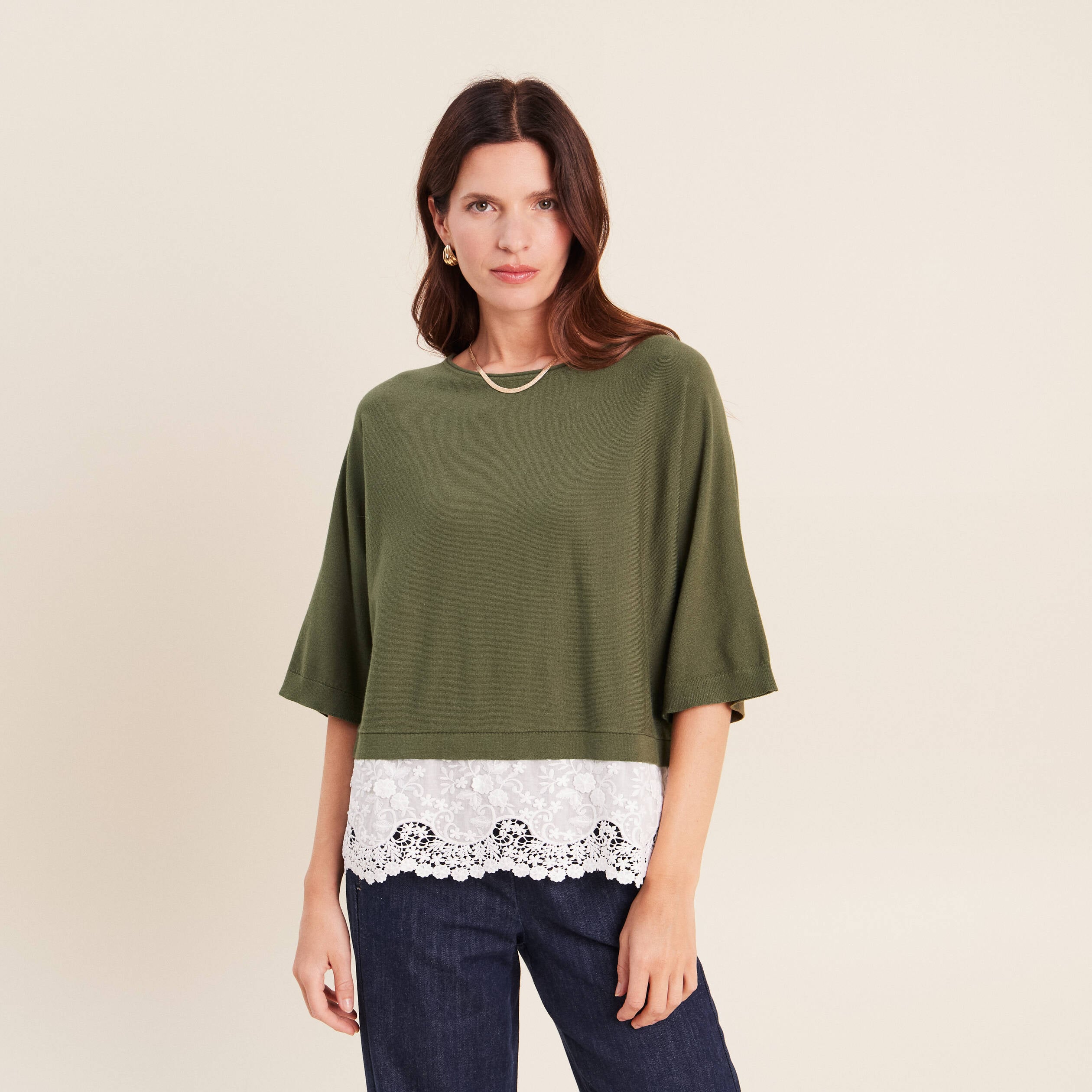 Pull bi-mati&egrave;re col bateau vert kaki femme