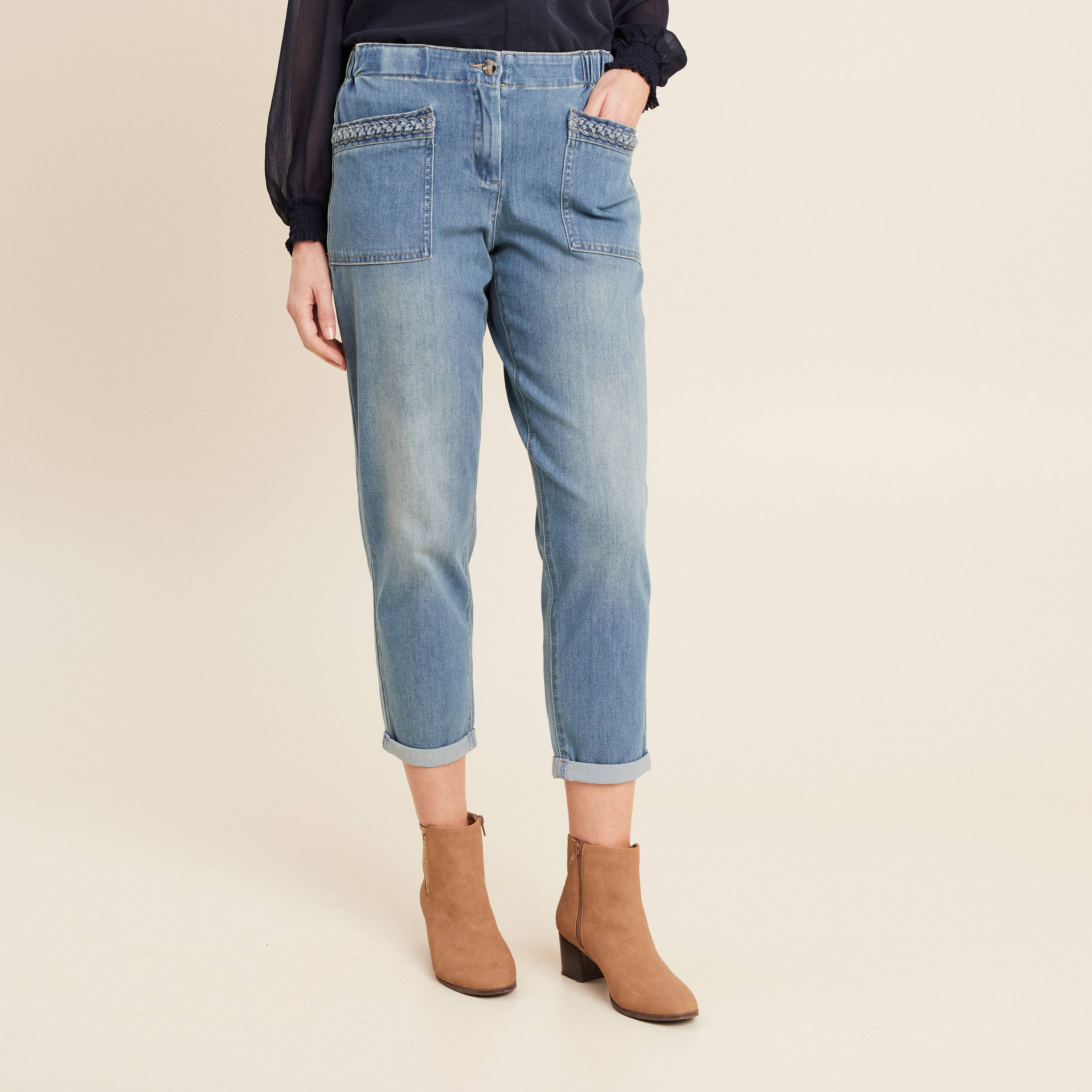 Jean paperbag détails tressés denim double stone femme
