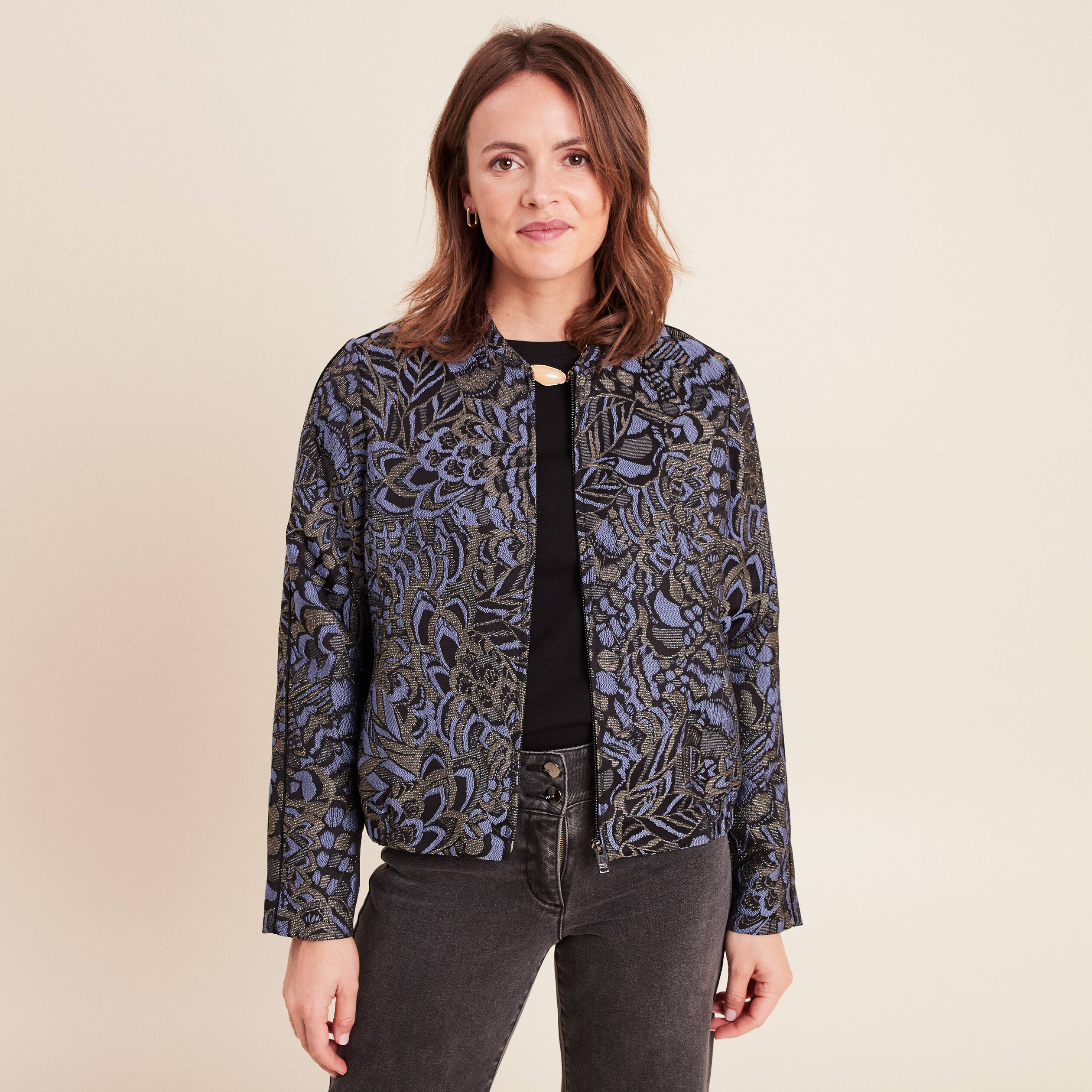 Veste bas resserr&eacute; manches longues bleu femme