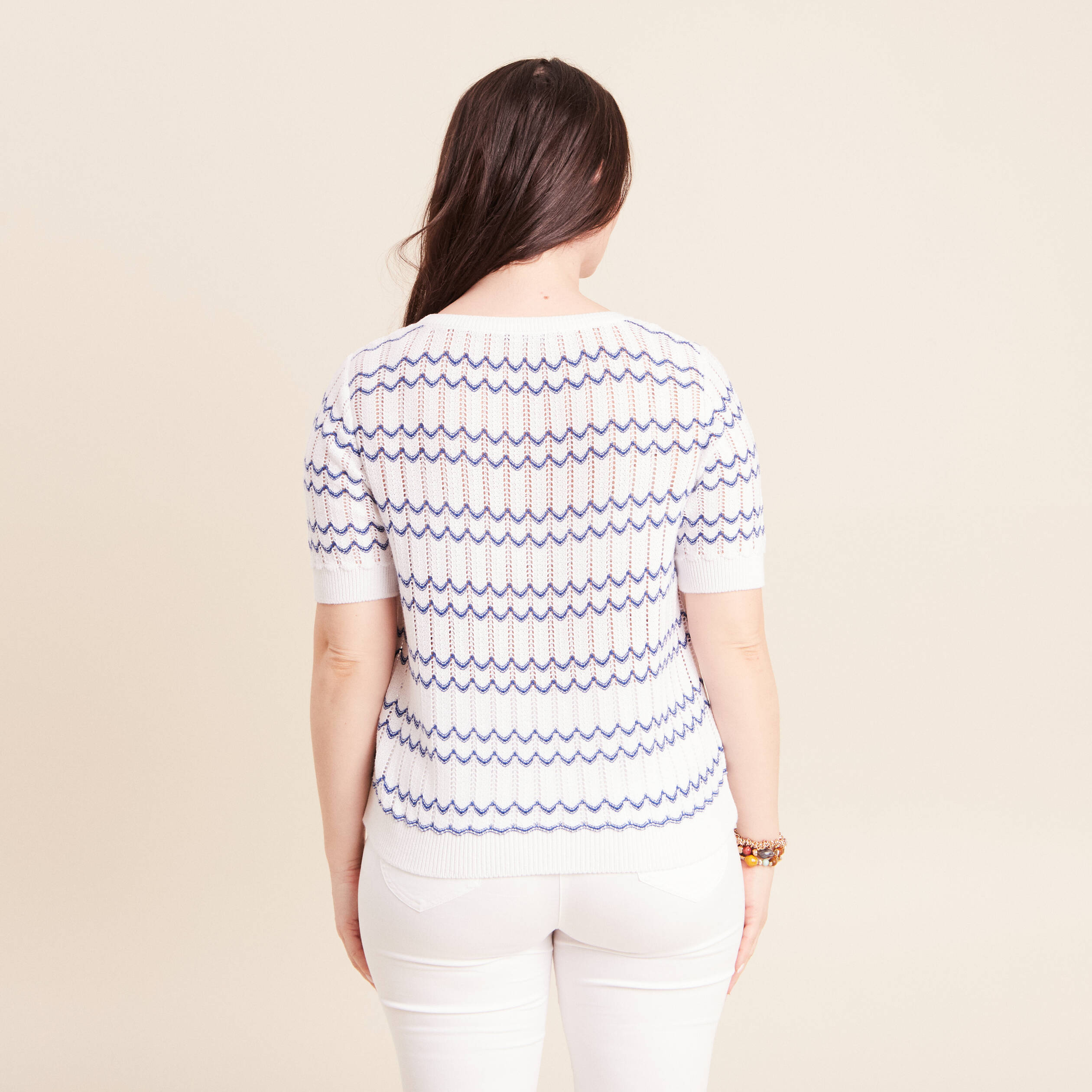 Pull col rond manches courtes bleu femme