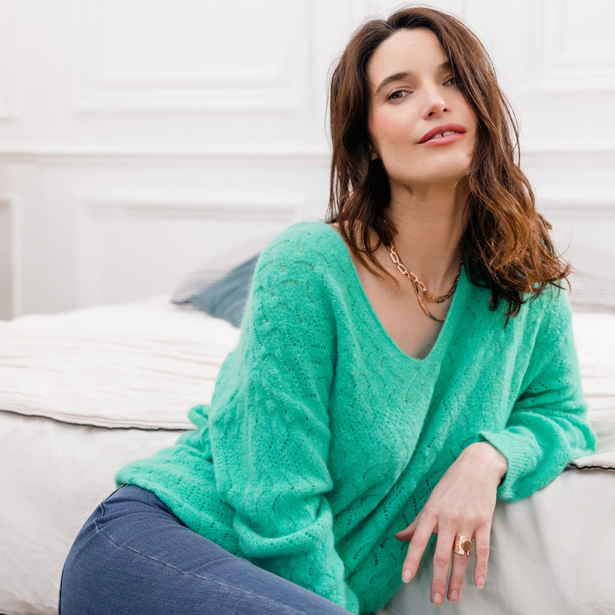 Pull manches longues col en V vert emeraude femme Breal