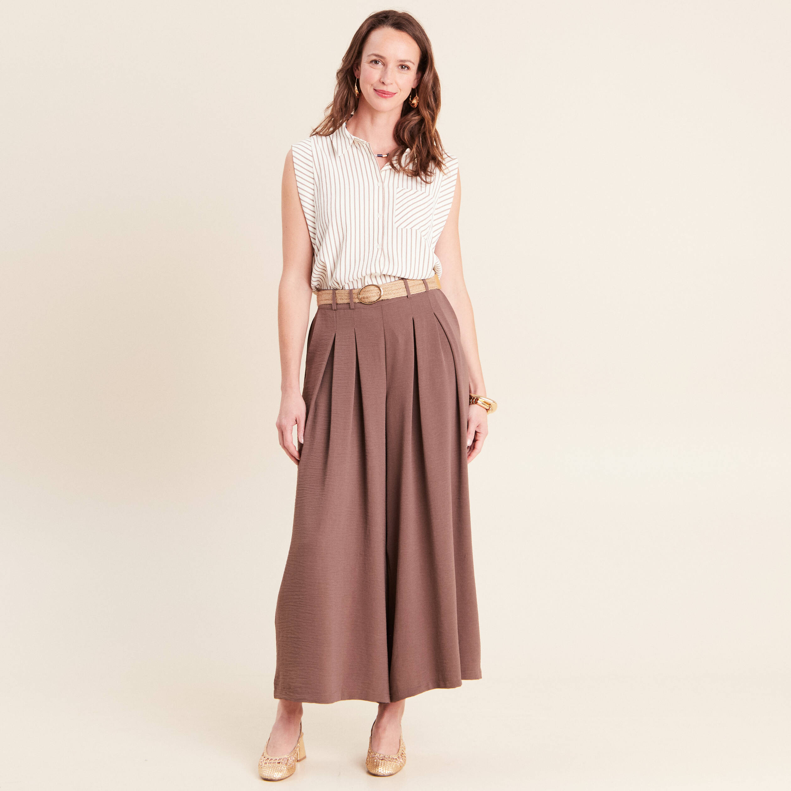 Chemise sans manches col chemise fluide taupe femme