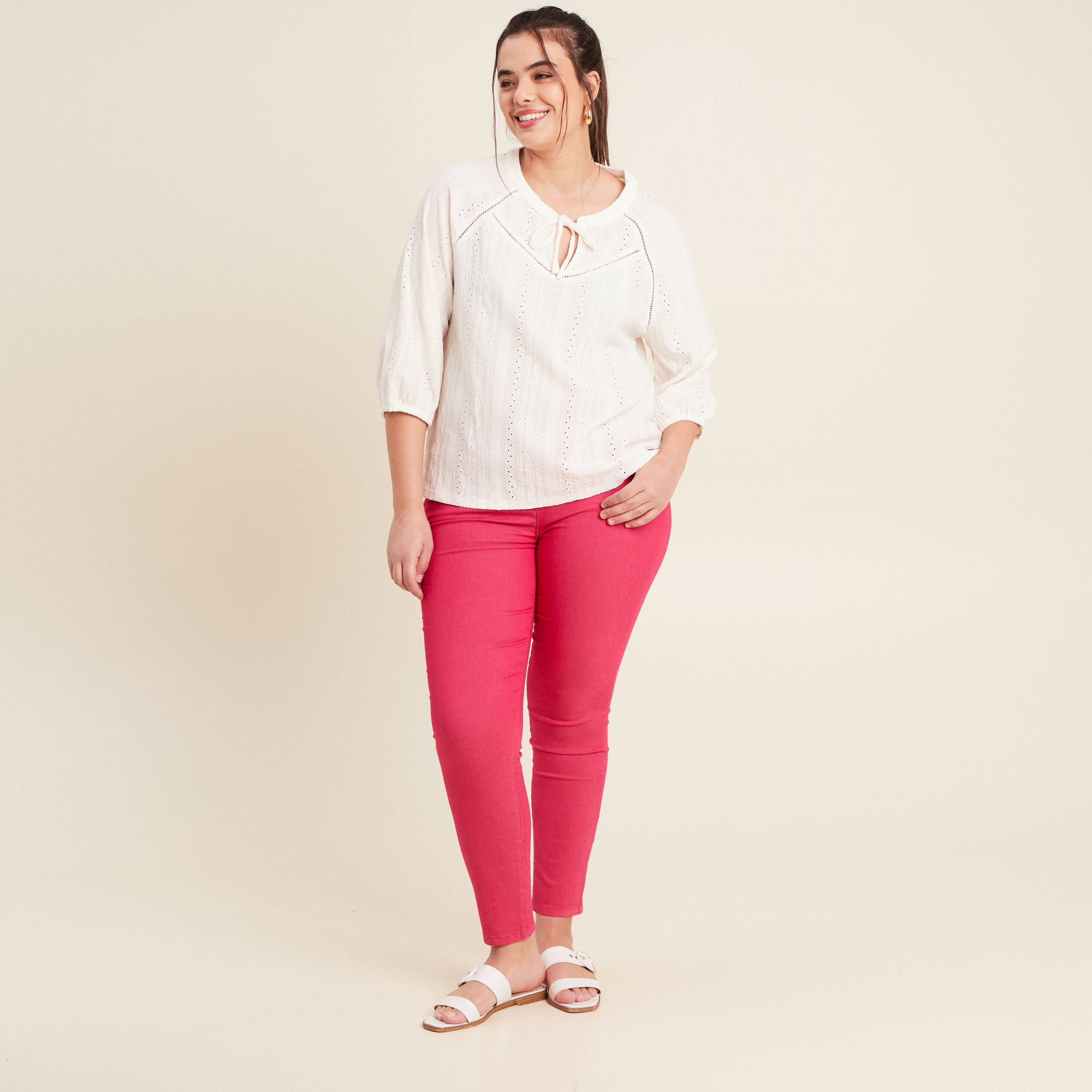 Pantalon léger taille standard 7/8ème rose fushia femme