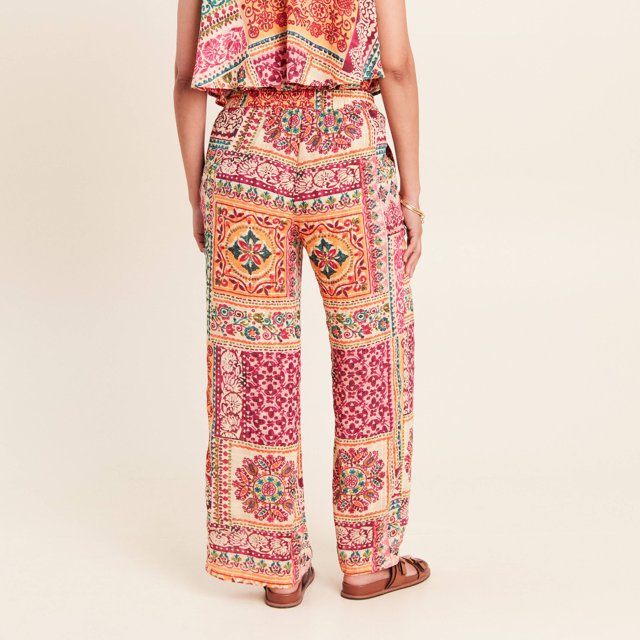 Pantalon large taille haute rose femme