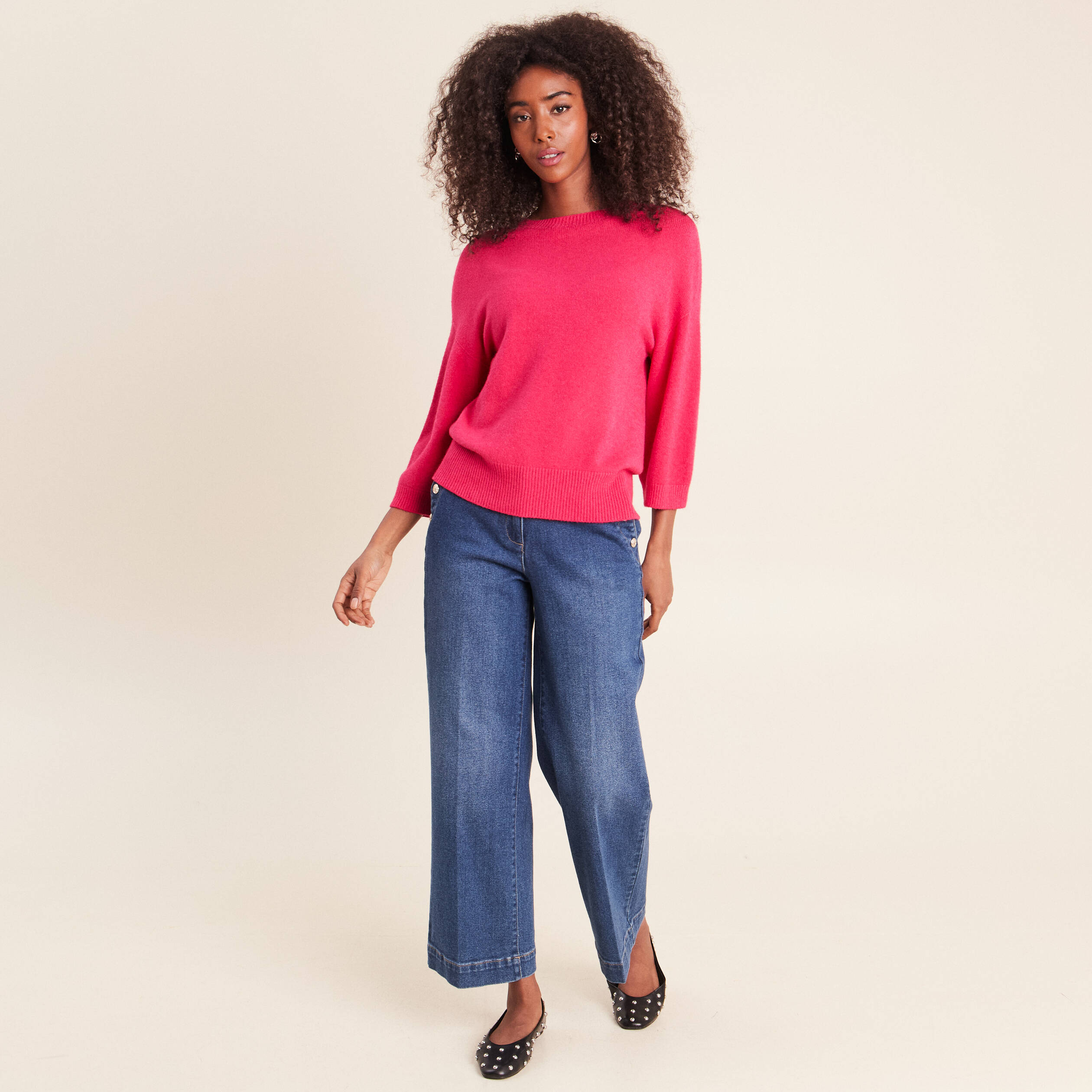 Pull droit col rond manches 3/4 rose femme