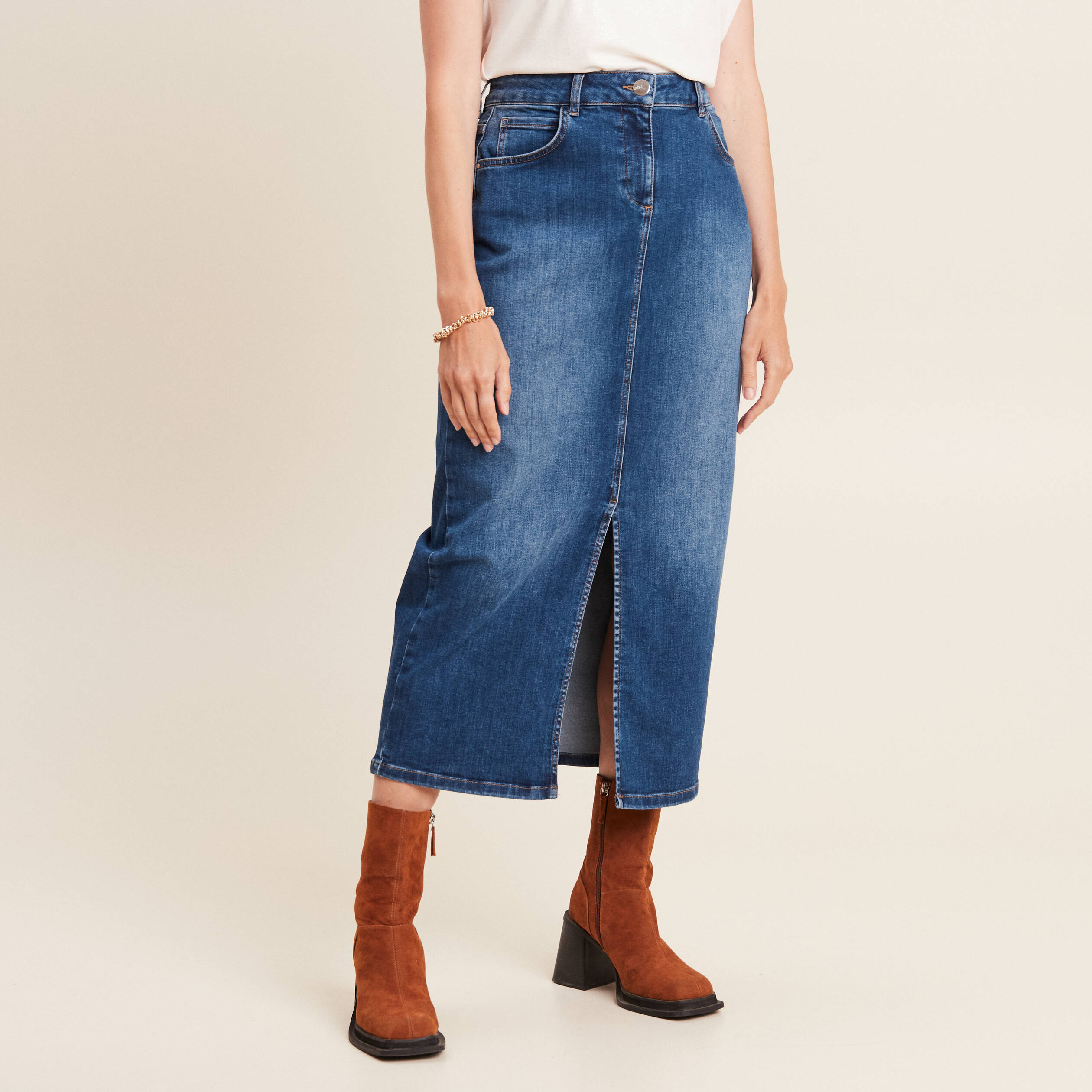 Jupe longue droite en jean denim stone femme