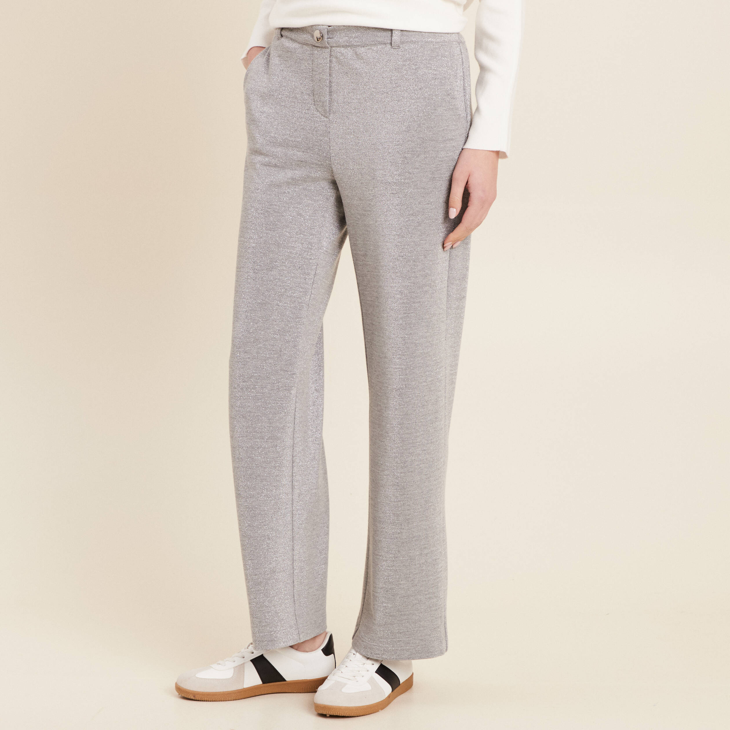 Pantalon large paillettes gris argent femme