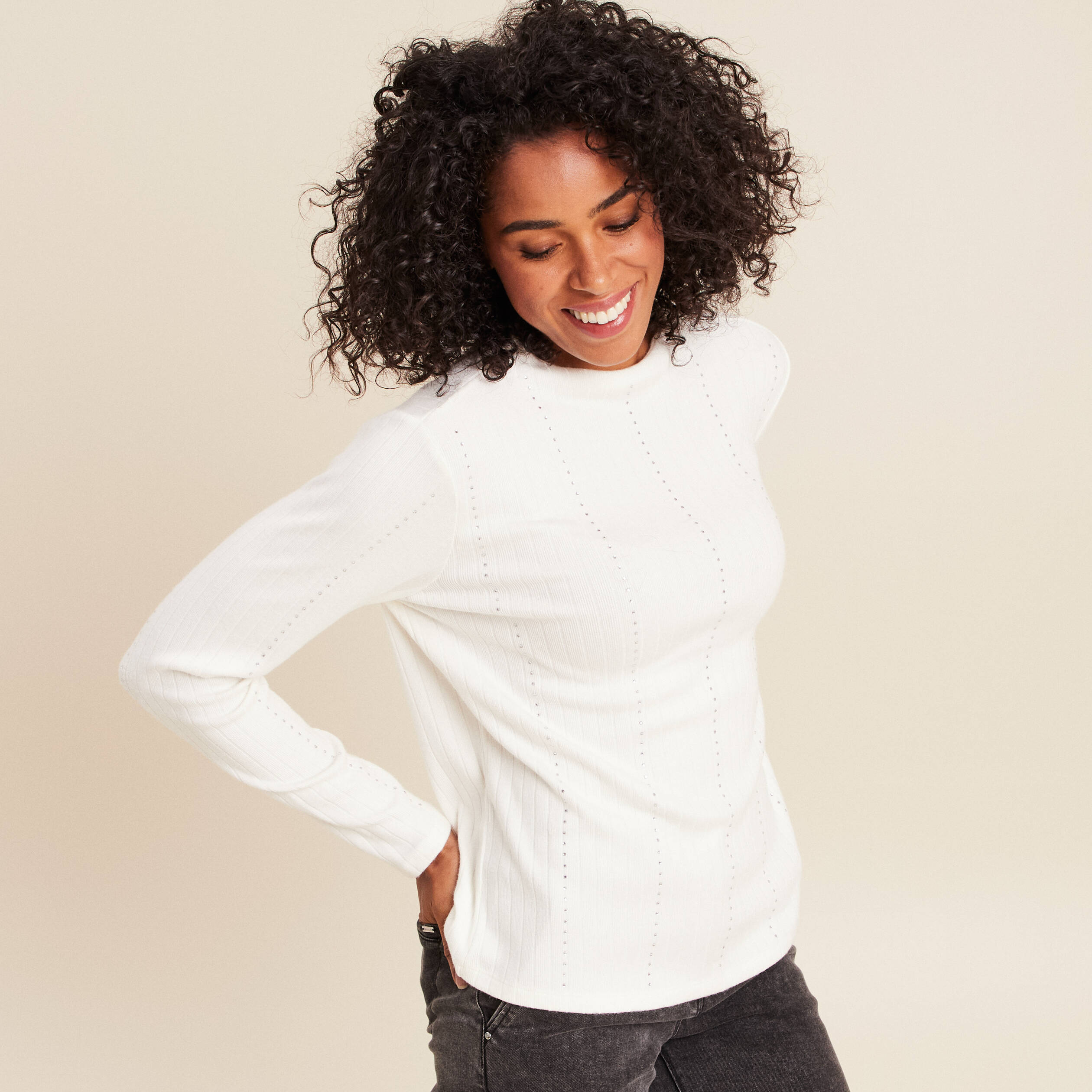 T-shirt manches longues col montant blanc femme