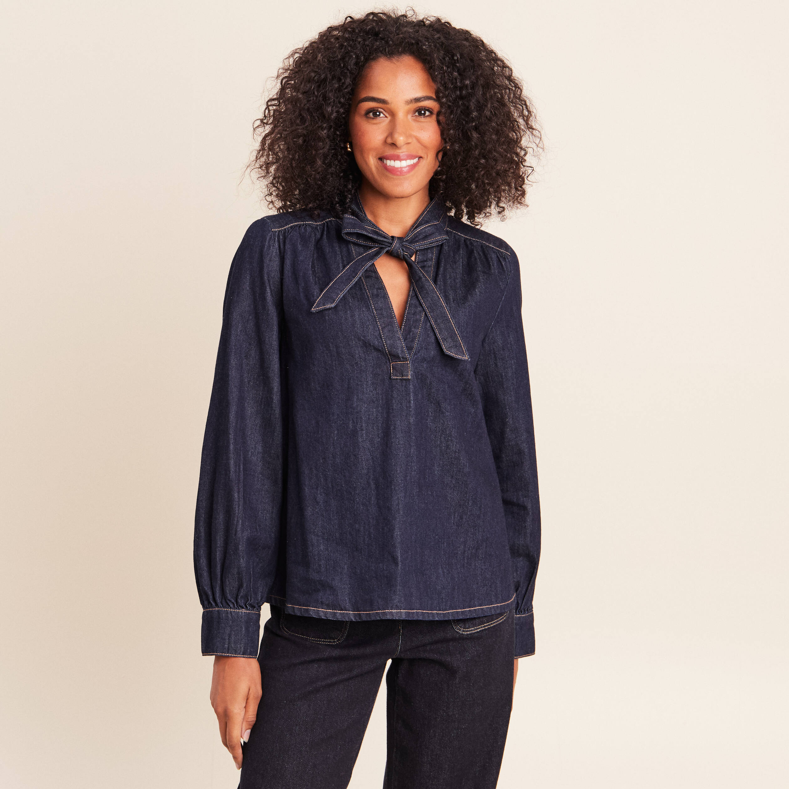 Blouse denim col &agrave; nouer denim brut femme
