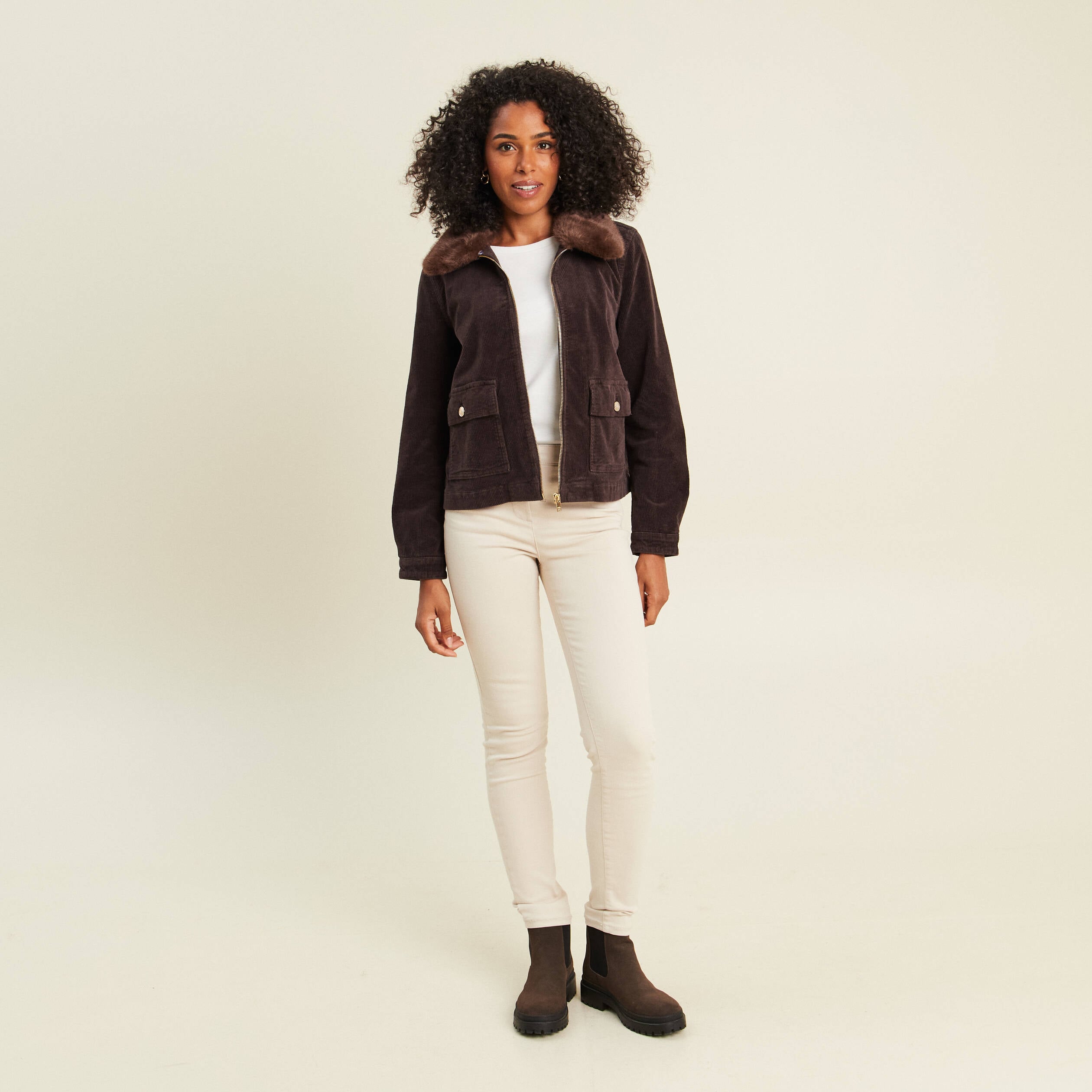 Blouson droit velours manches longues marron fonc&eacute; femme