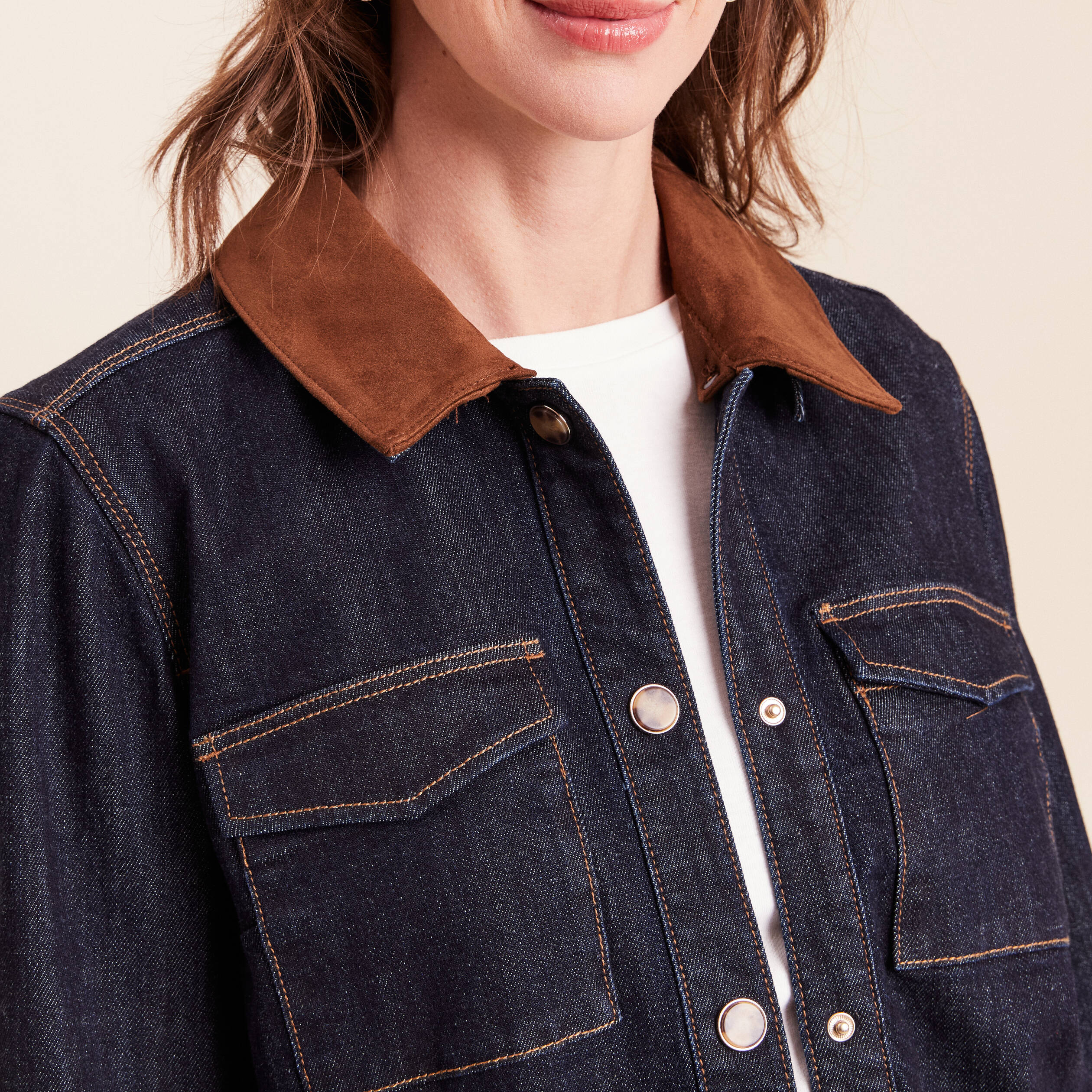 Veste droite &agrave; manches longues denim brut femme