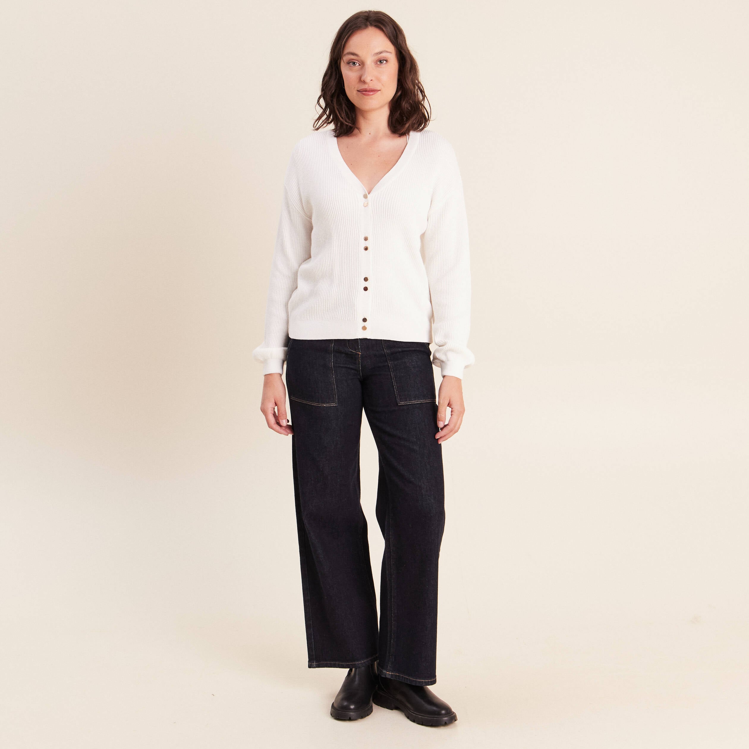 Gilet col v manches longues ecru femme