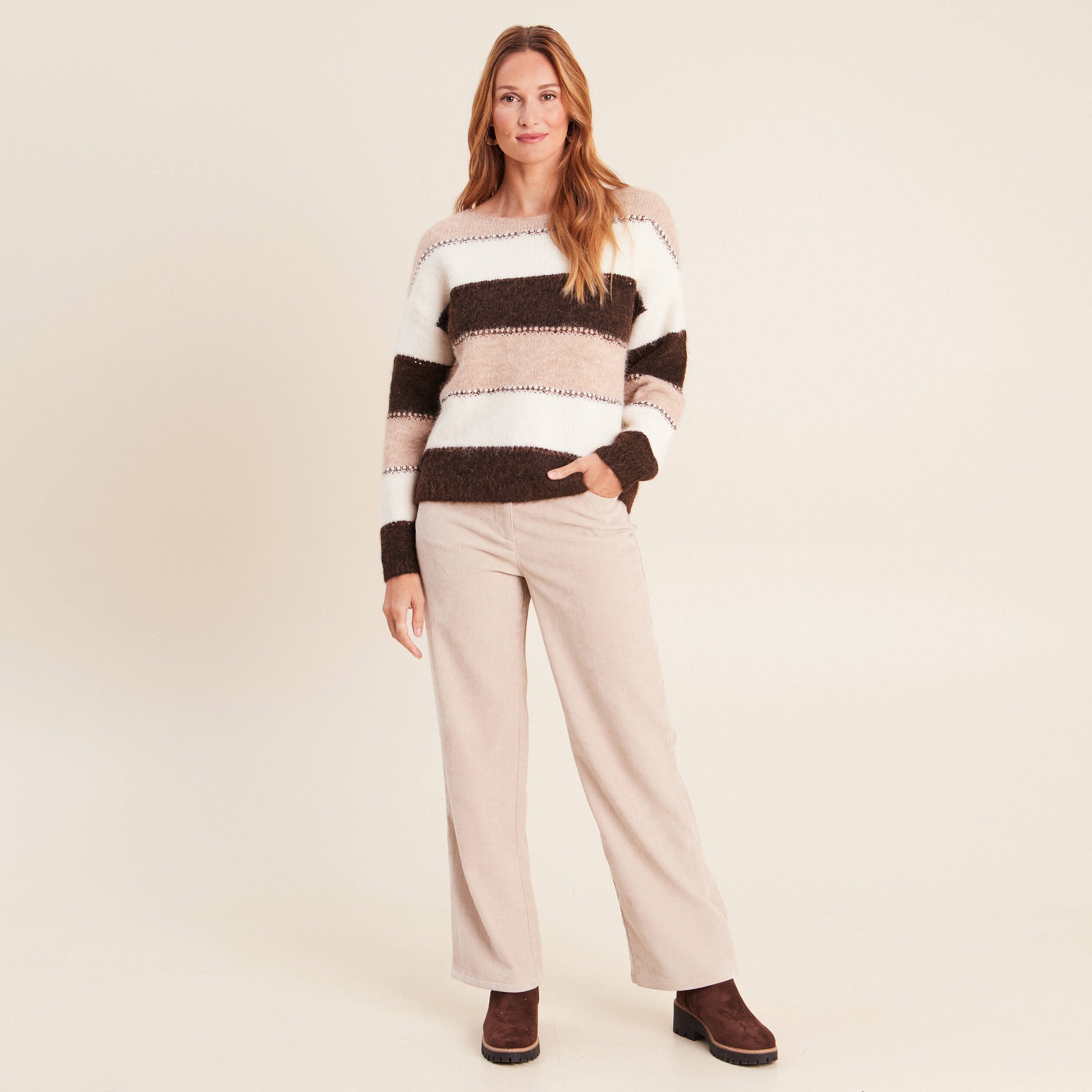 Pull col bateau marron femme