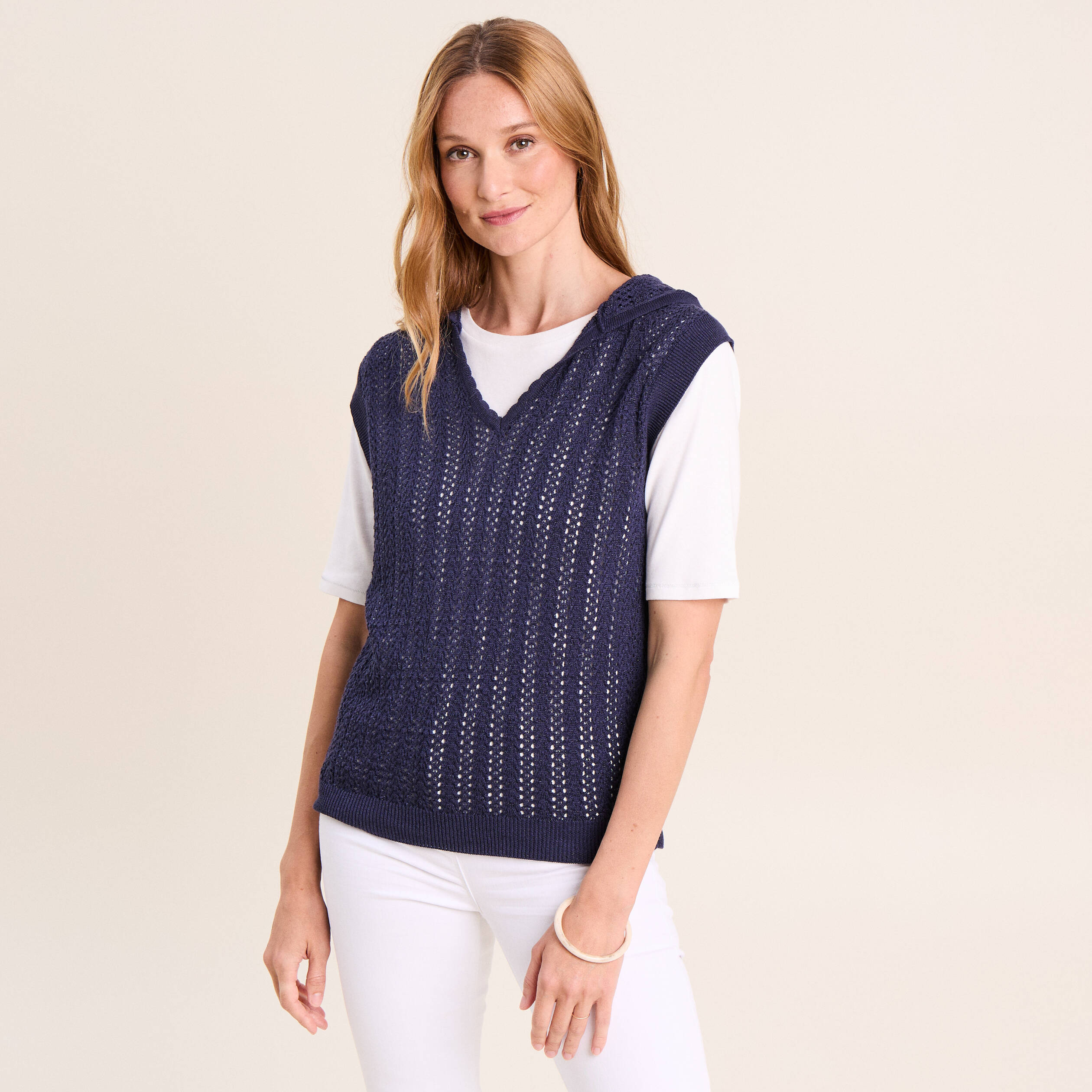 Pull droit sans manches &agrave; capuche bleu marine femme