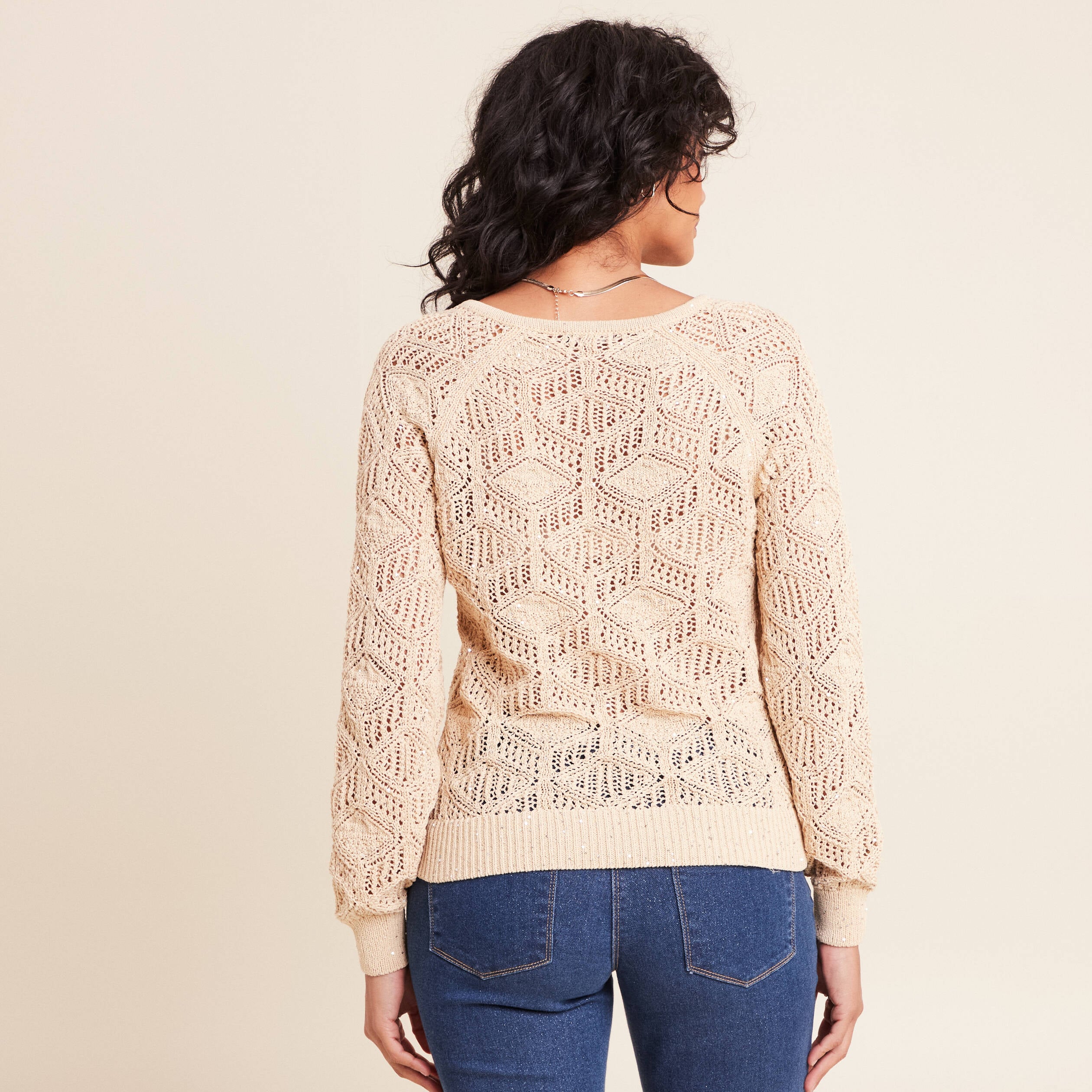Pull col v manches longues dentelle sable femme