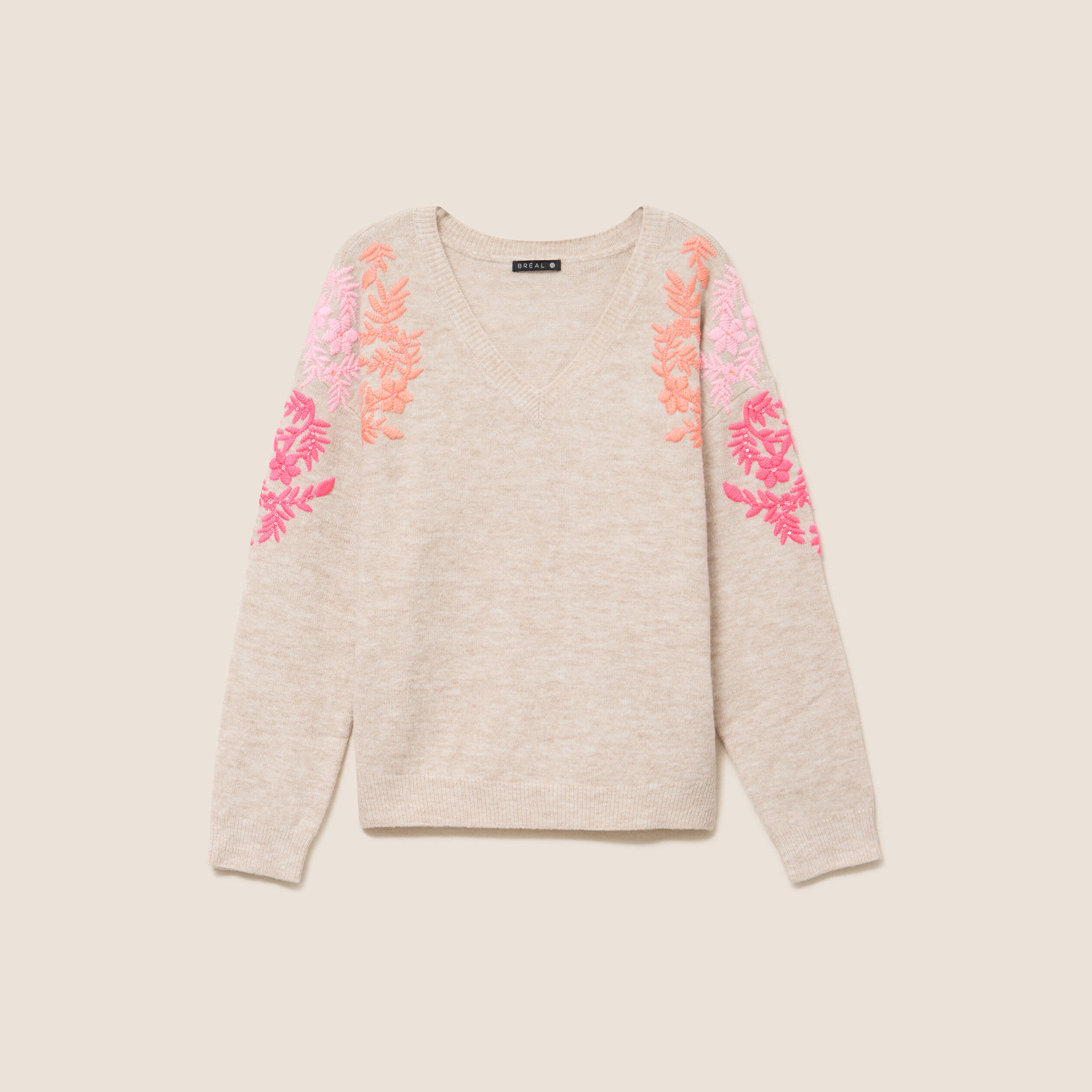 Pull col v avec broderie beige femme