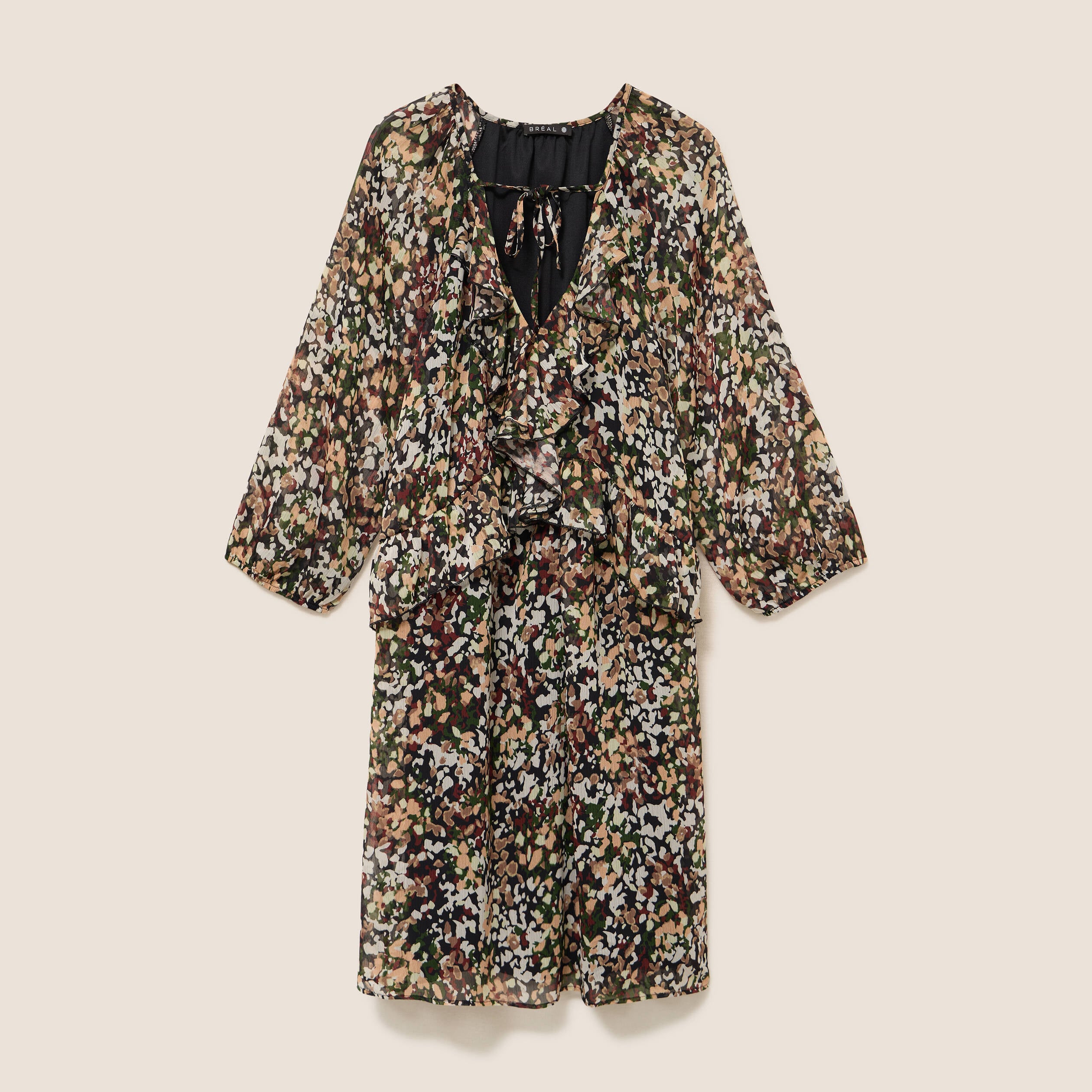 Robe courte &eacute;vas&eacute;e col v manches longues multicolore femme