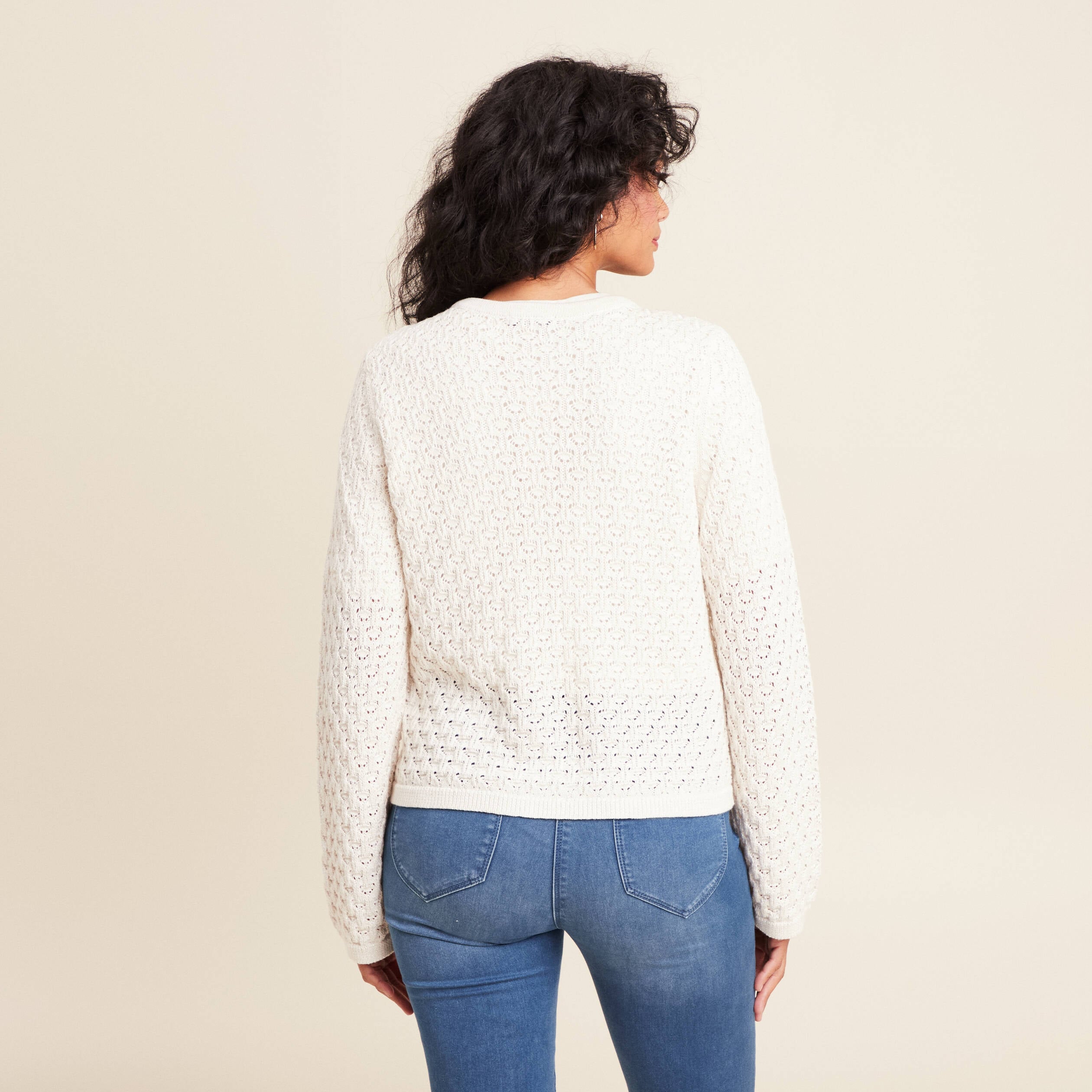 Gilet droit mi-long col V ecru femme