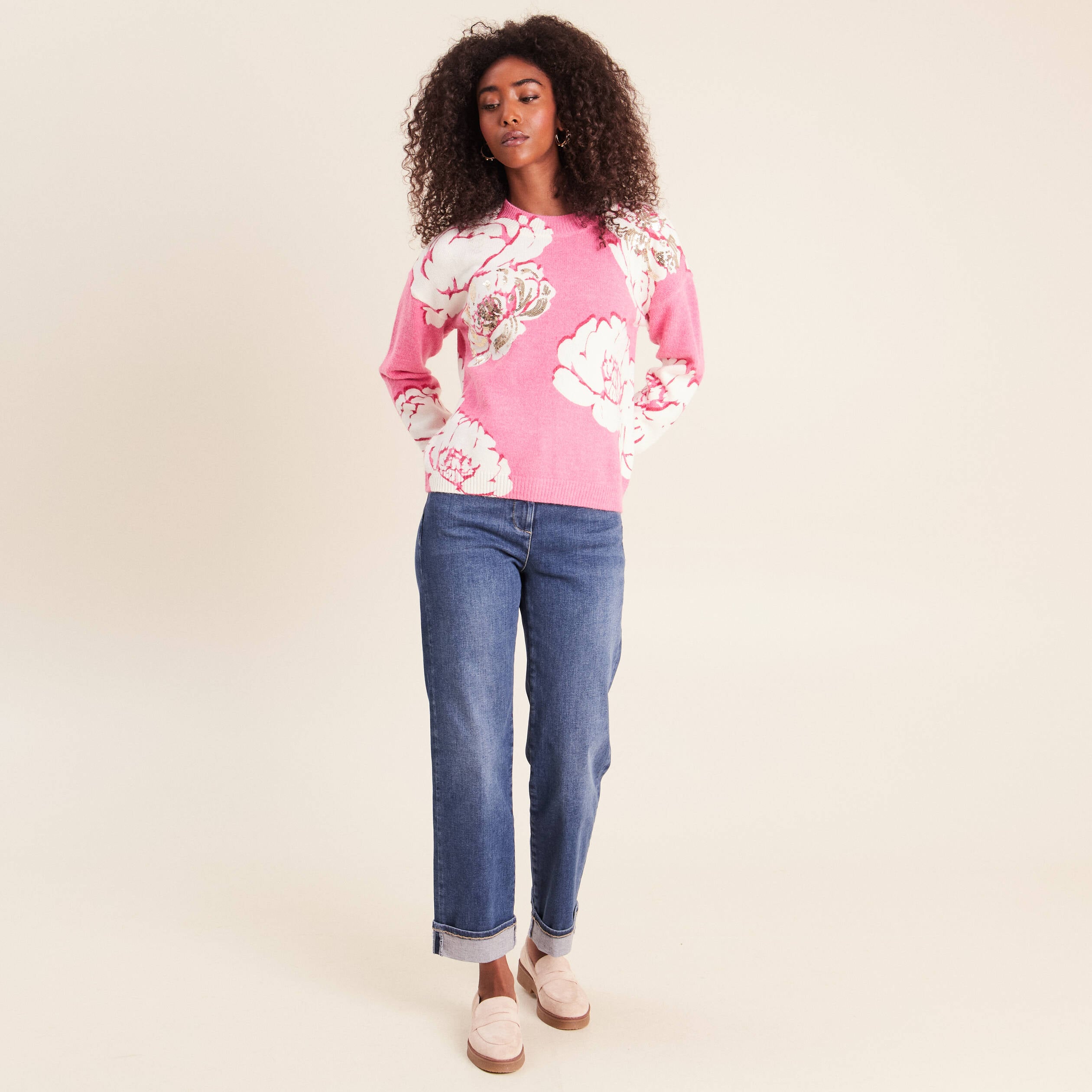 Pull col rond rose femme