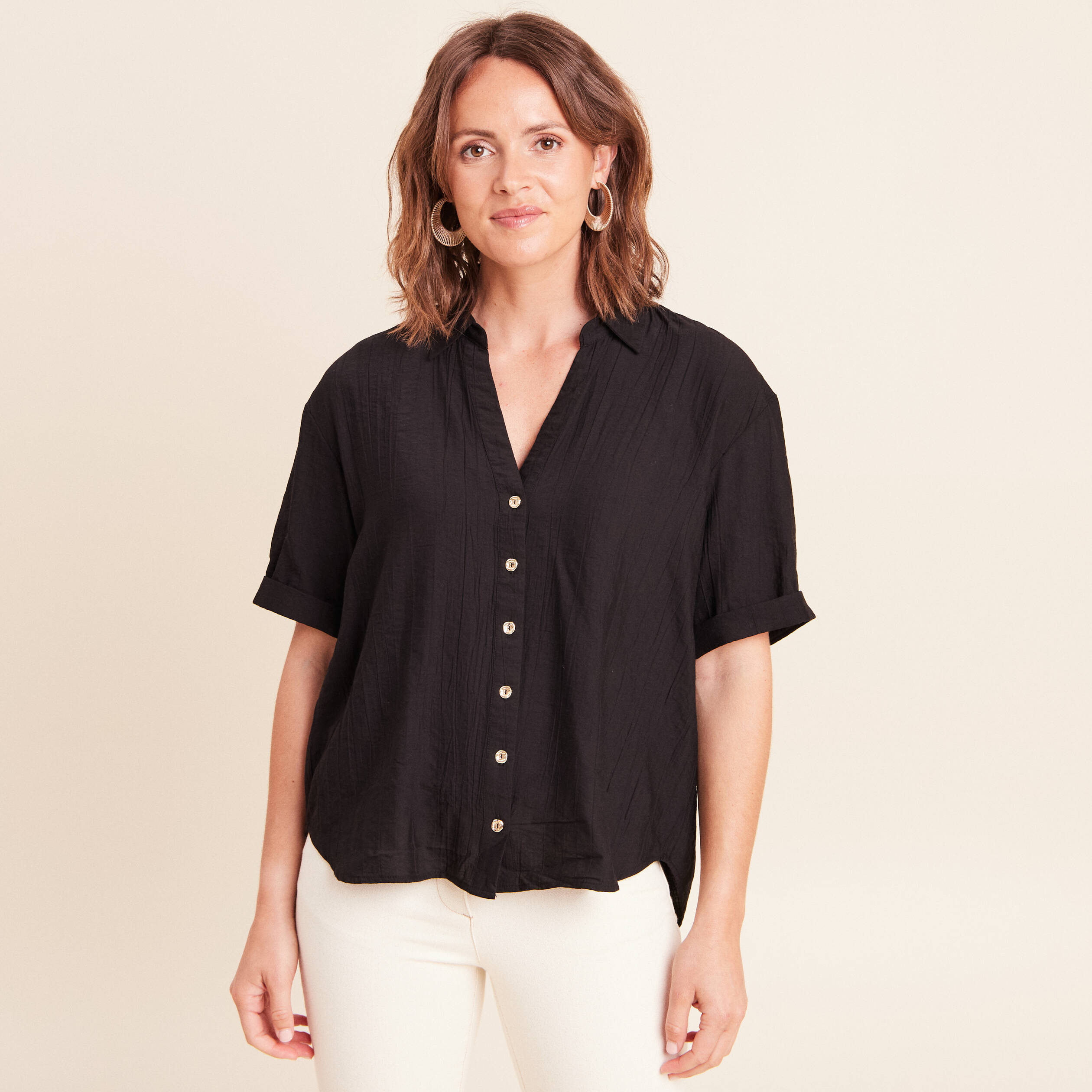 Chemise col chemise manches courtes noir femme