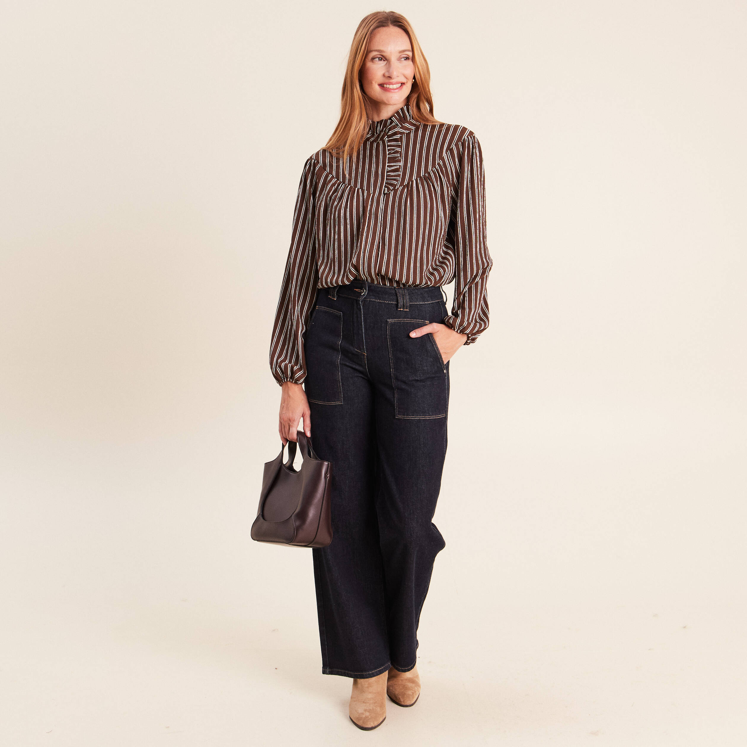 Blouse droite manches longues marron femme
