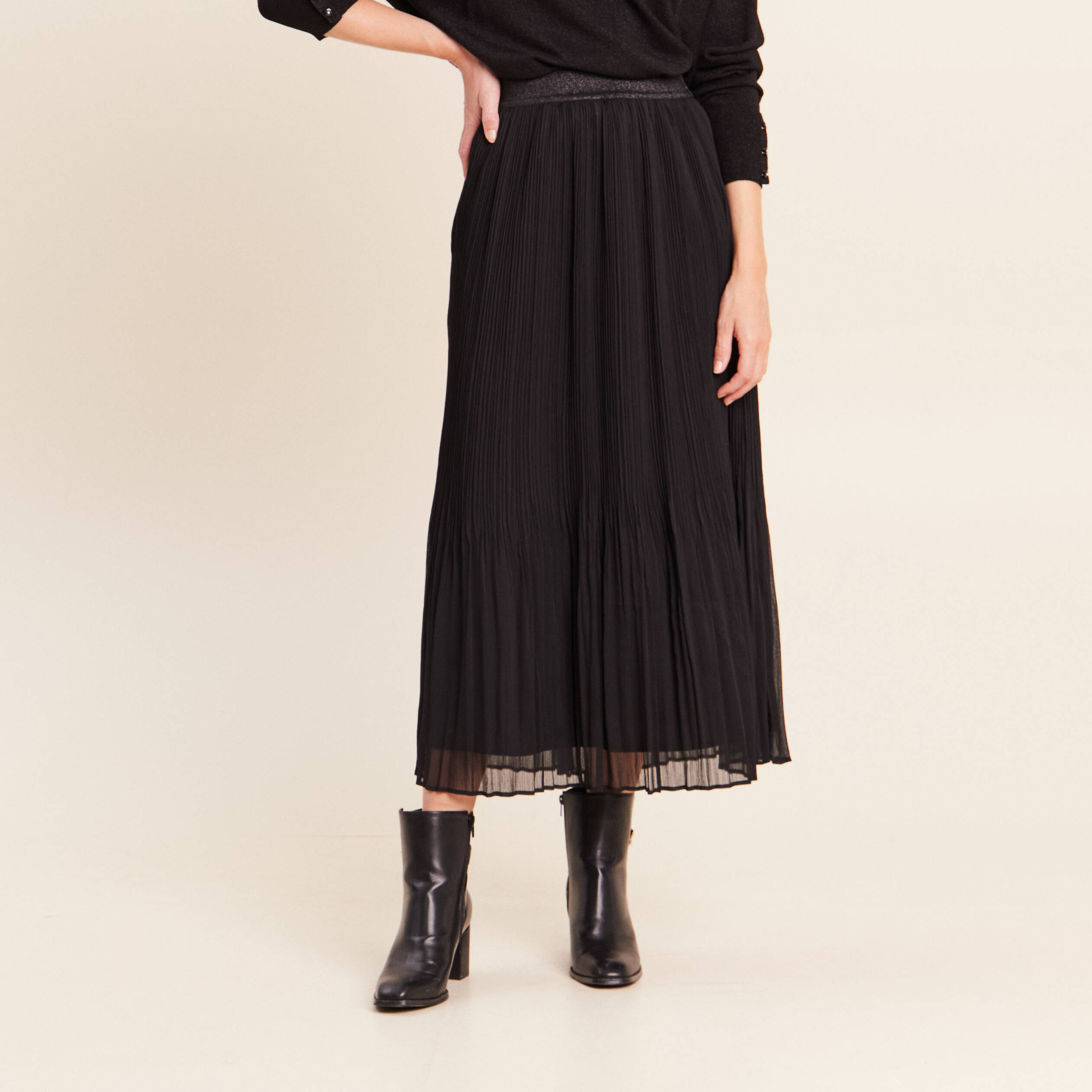 Jupe pliss&eacute;e doubl&eacute;e noir femme