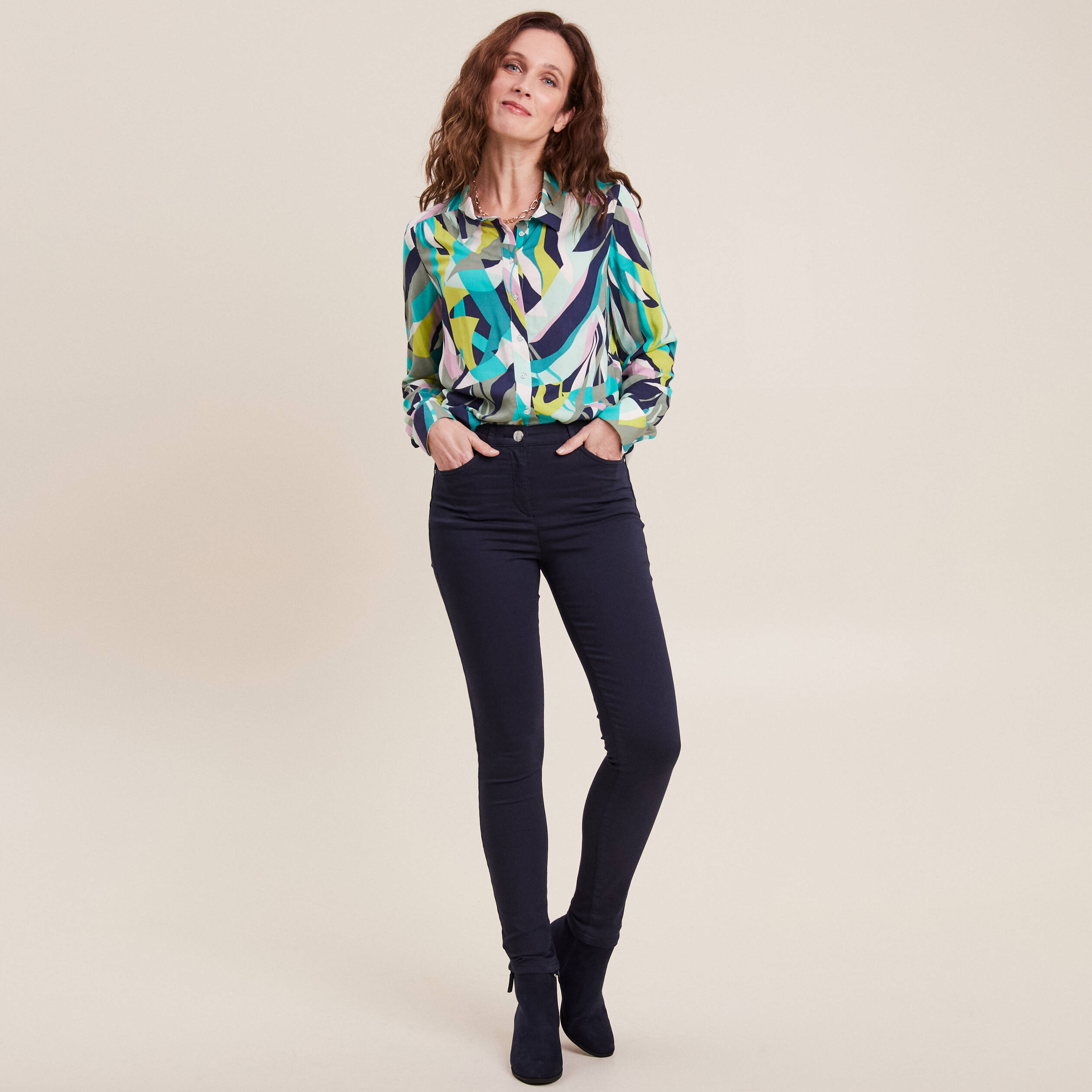 Pantalon léger taille haute long bleu marine femme